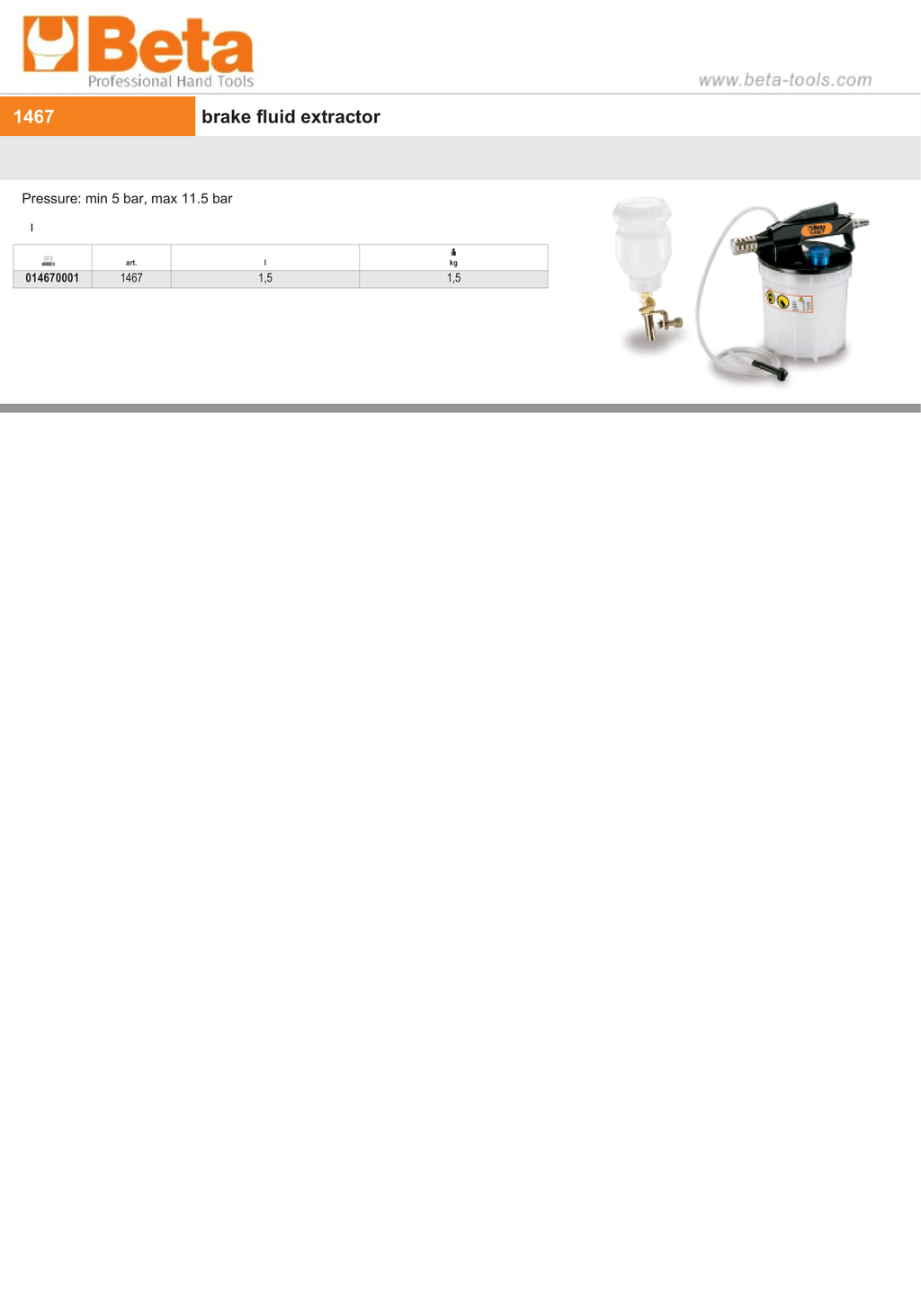 Brake Fluid Extractor 1.5L 5-11.5 Bar - Beta Tools 1467