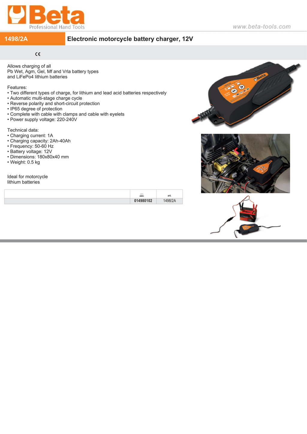 Electronic Motorcycle Battery Charger 12V 1A 2Ah - 40Ah - Beta Tools 1498/2A