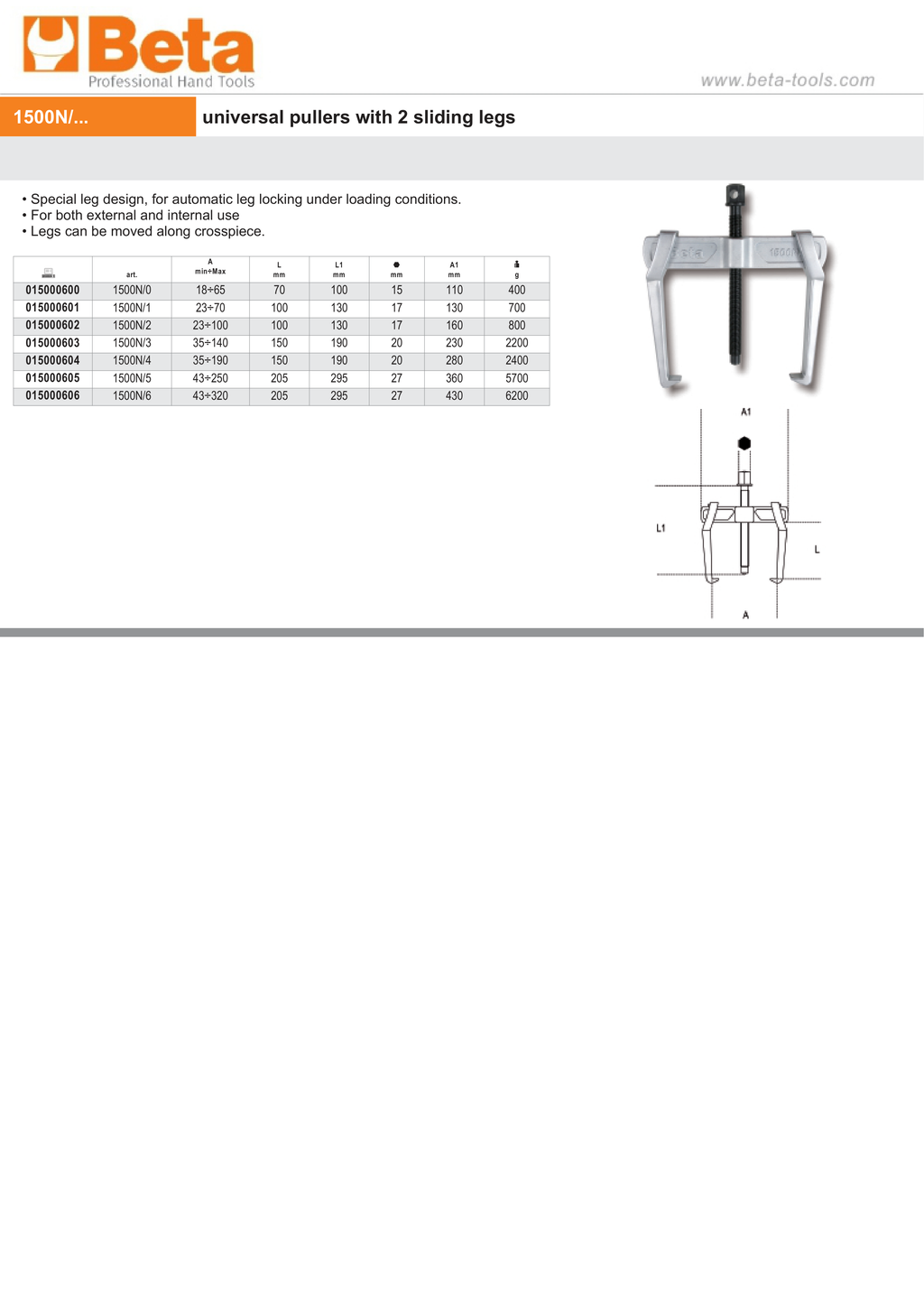 Universal Pullers with 2 Sliding Legs 43mm - 320mm - Beta Tools 1500N/6