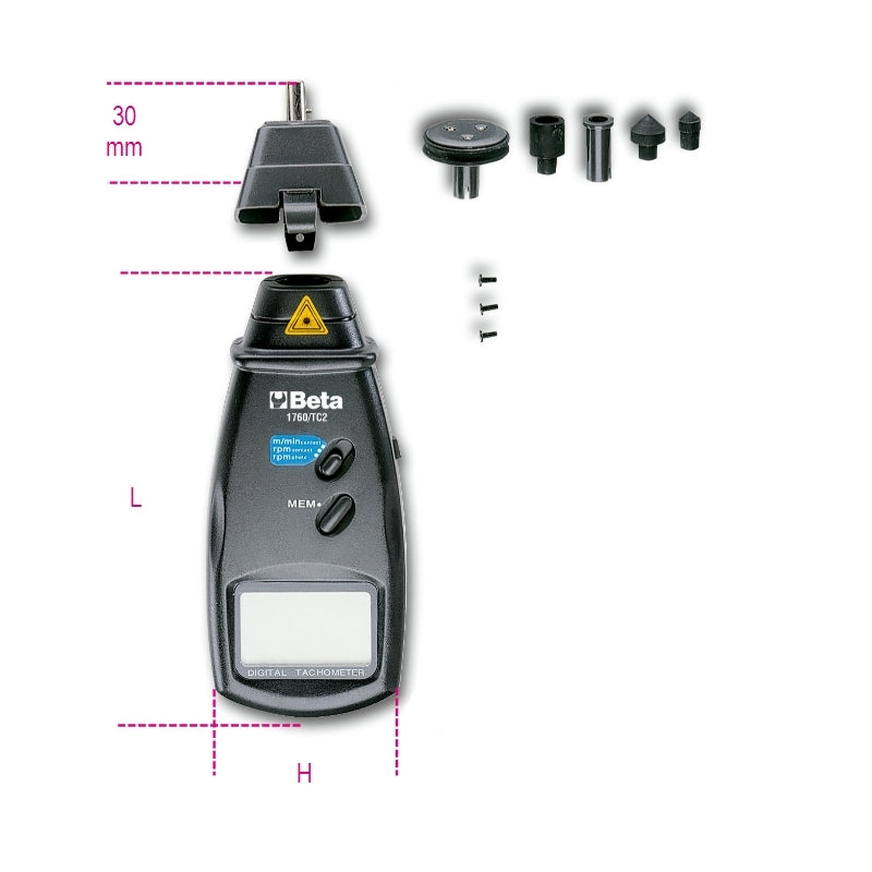 Combination Contact/Non-Contact Digital Tachometer 2.5-99,999 RPM 230mm - Beta Tools 1760/TC2