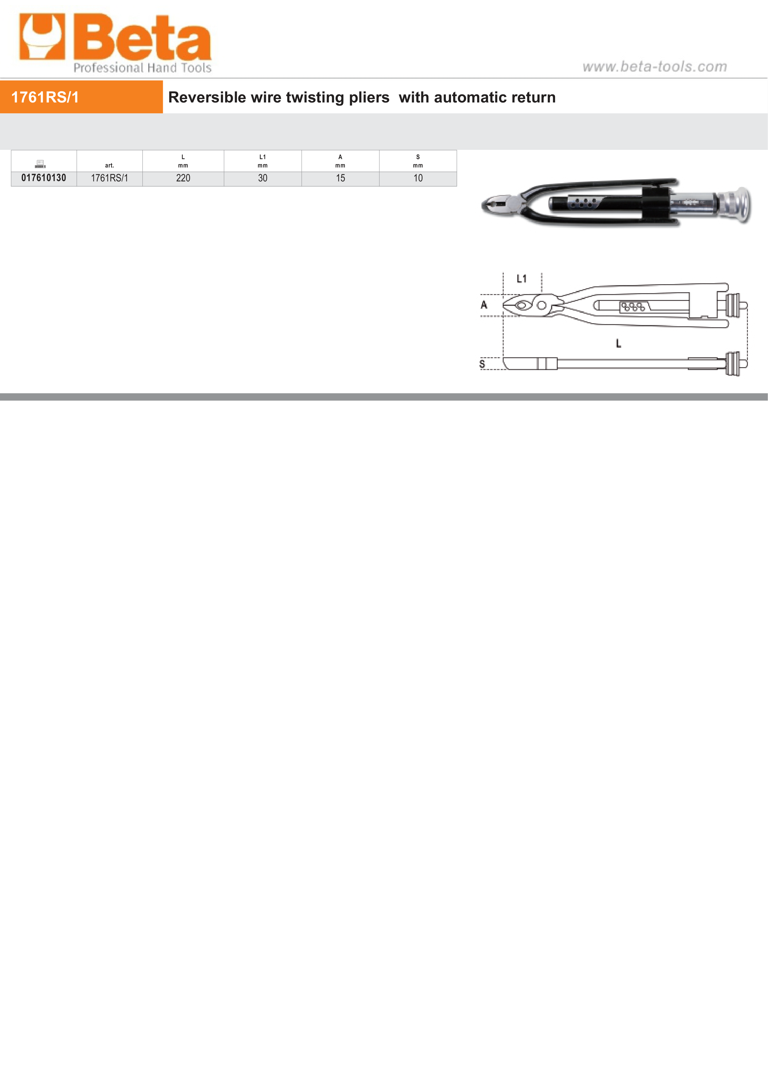 Reversible Wire Twisting Pliers with Automatic Return 220mm - Beta Tools 1761RS/1