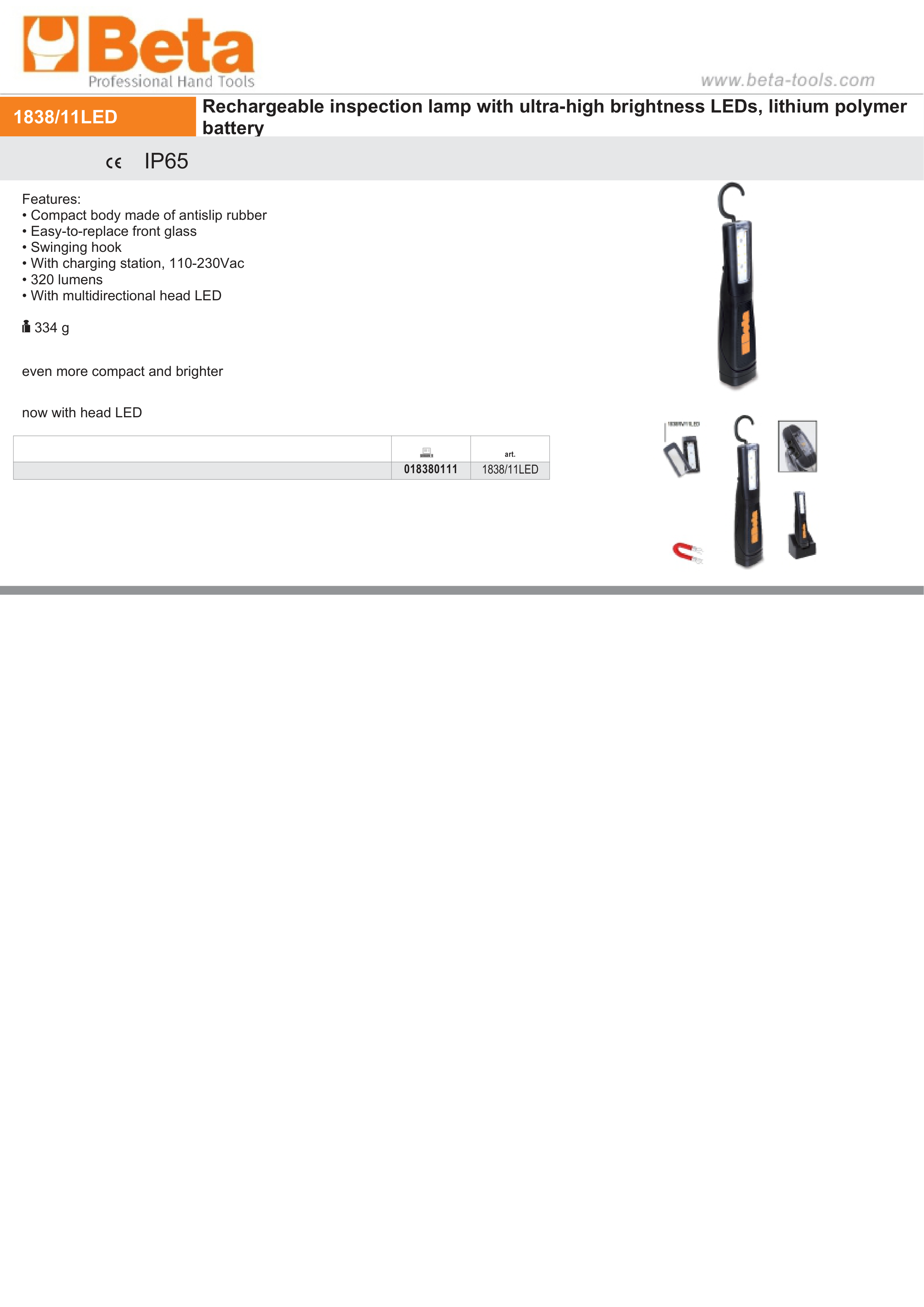 Rechargeable Inspection Lamp Ultra-High Brightness LEDs 320 Lumens - Beta Tools 1838/11LED
