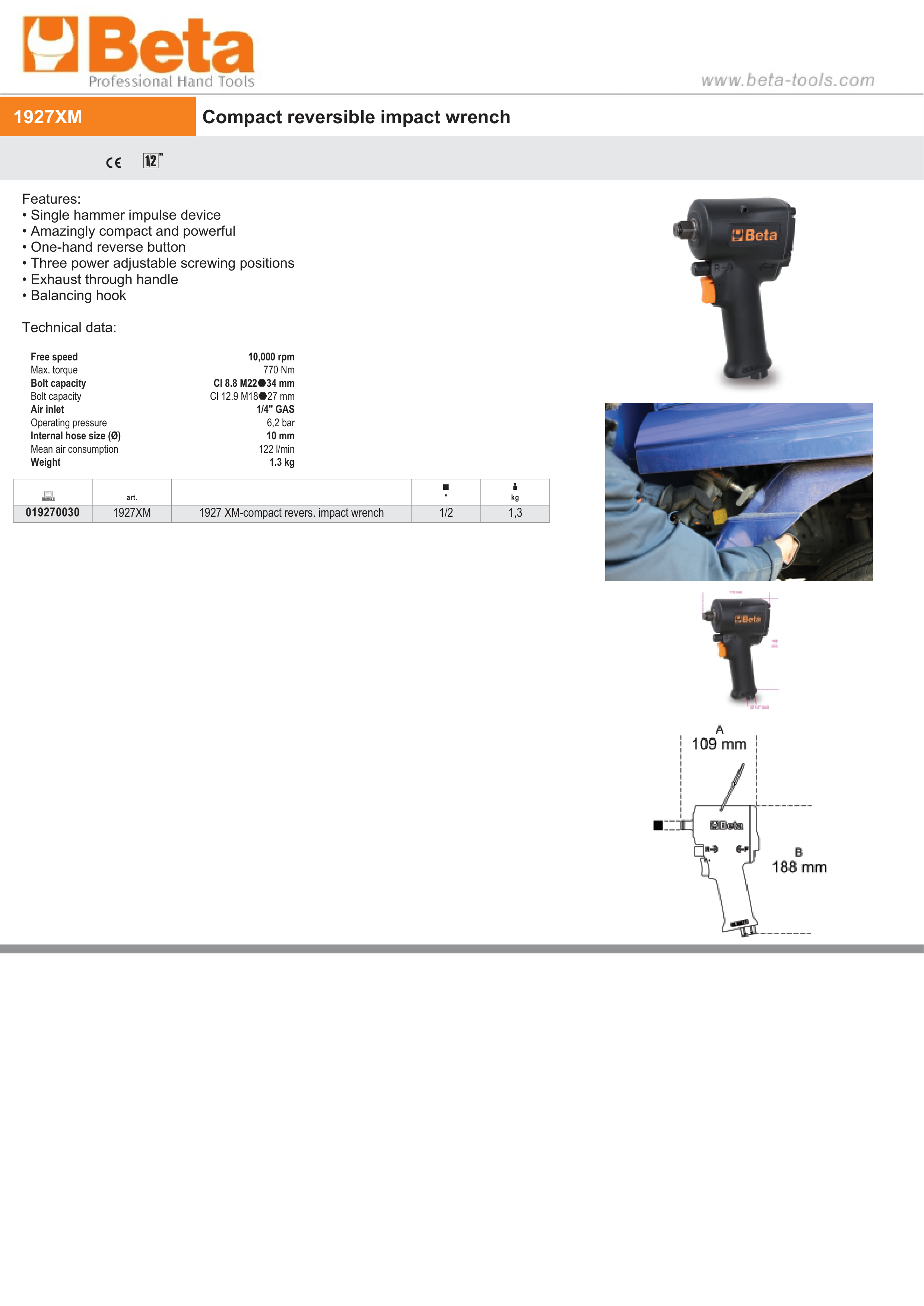 Compact Reversible Impact Wrench 1/2 - Beta Tools 1927XM