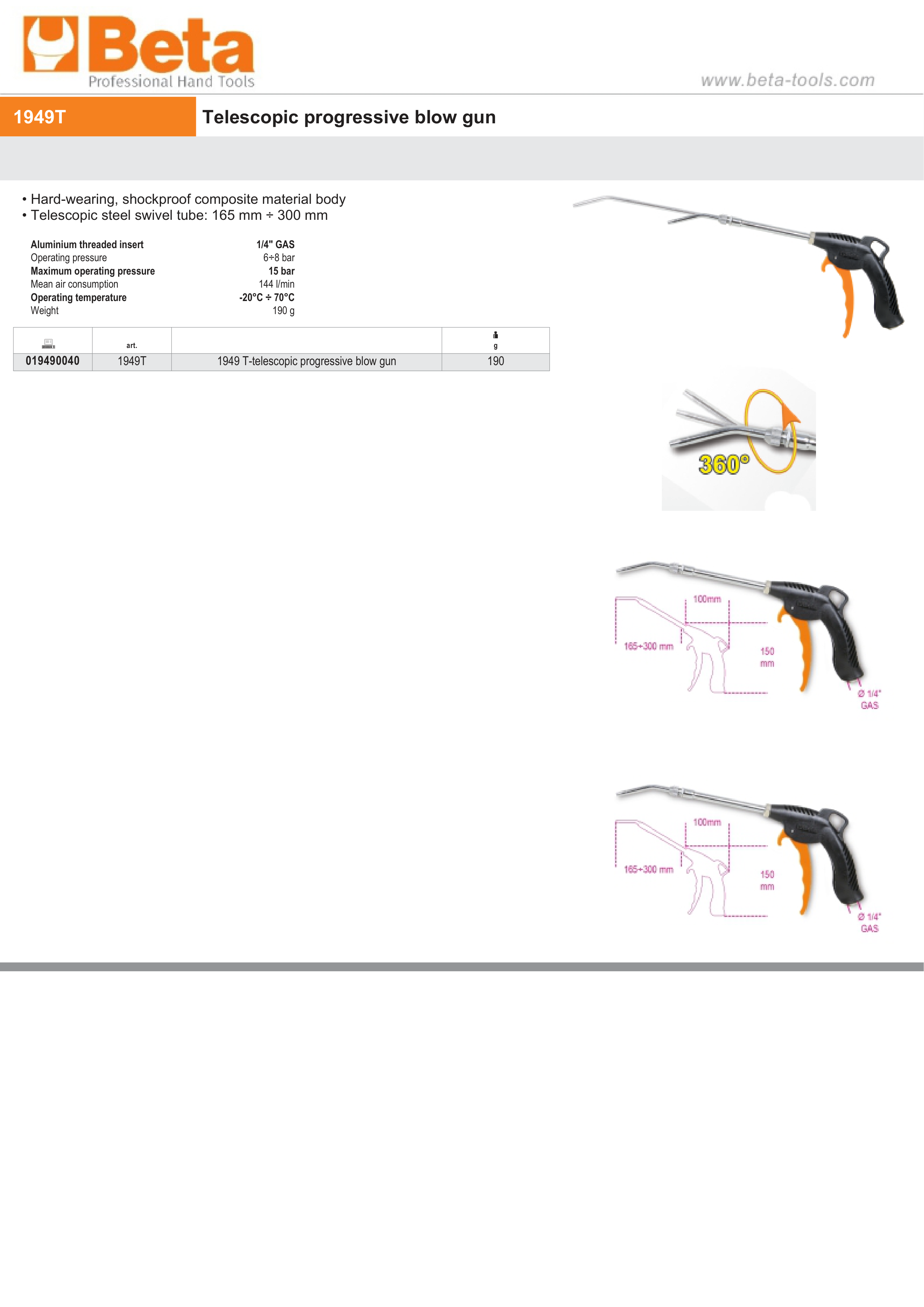 Telescopic Progressive Blow Gun with Swivel Tube 165mm-300mm - Beta Tools 1949T