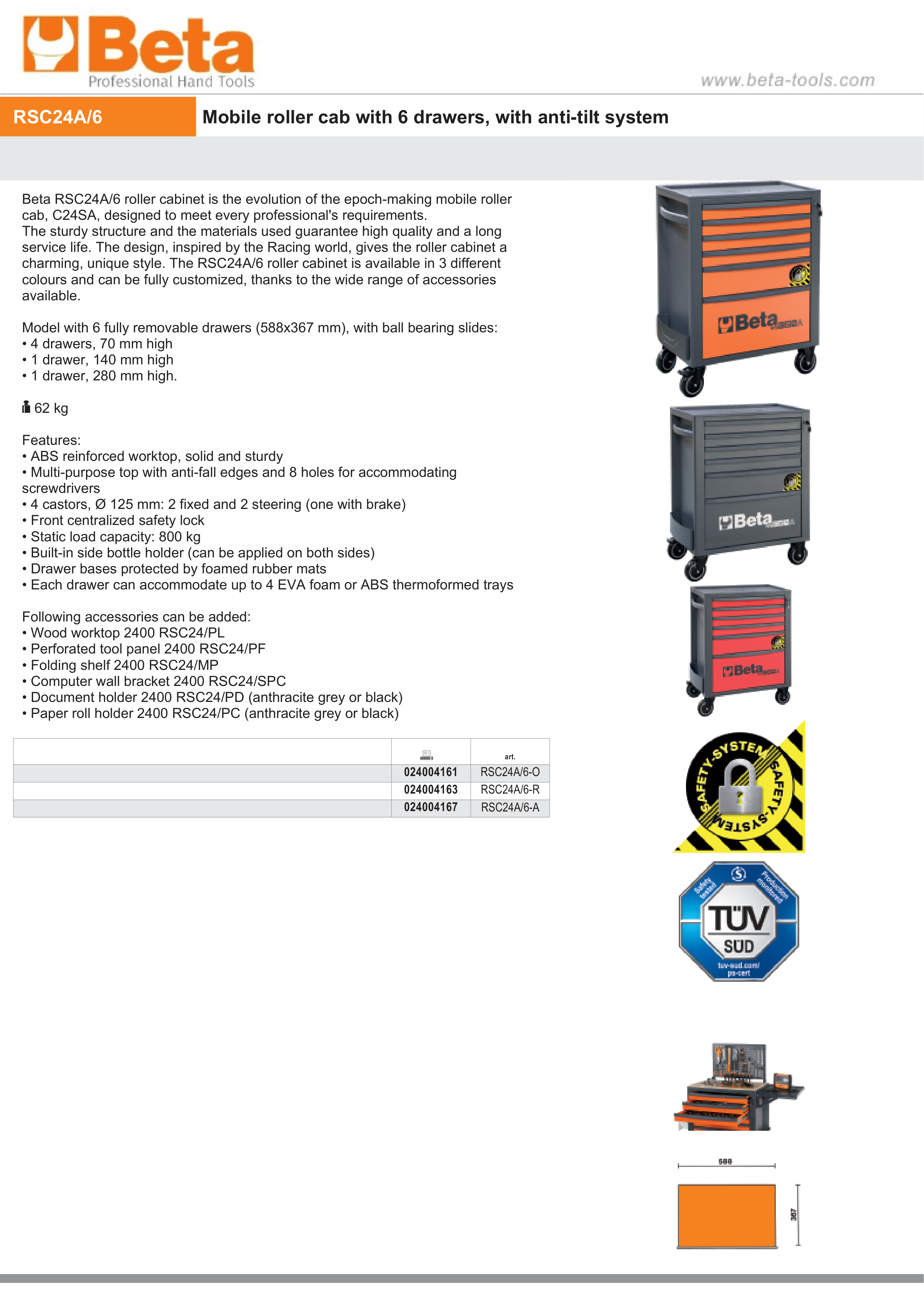 Mobile Roller Cab 6 Drawers Anti-Tilt System Reinforced Worktop 800kg Capacity - Beta Tools RSC24A/6-A