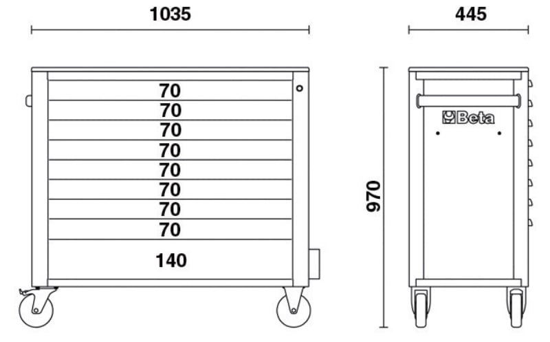 Mobile Roller Cab 9 Drawers Anti-Tilt System Long Model 1000kg Capacity - Beta Tools RSC24AXL/9-R