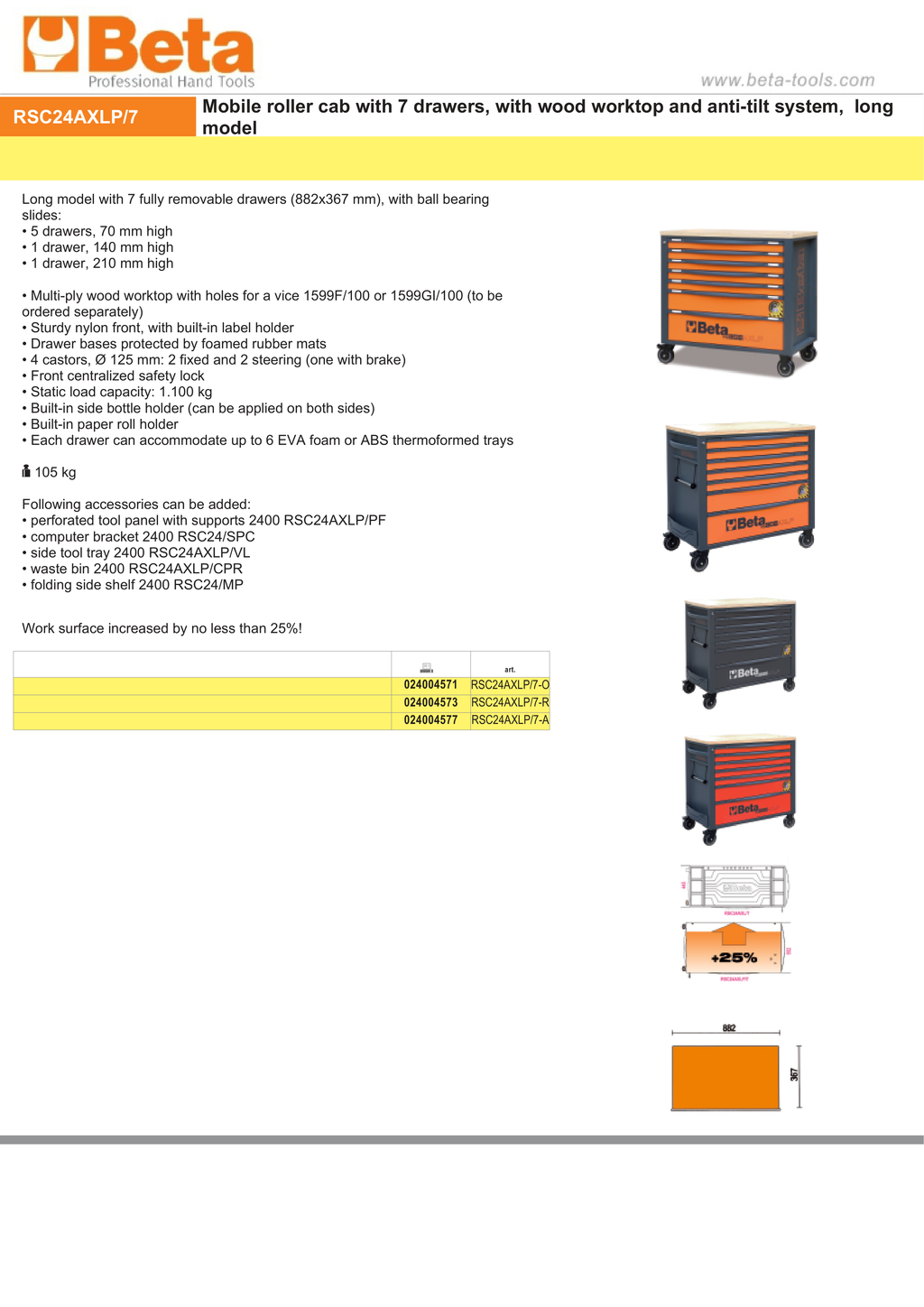 Mobile Roller Cab 7 Drawers Wood Worktop Anti-Tilt System Long Model 1100kg Capacity - Beta Tools RSC24AXLP/7-R