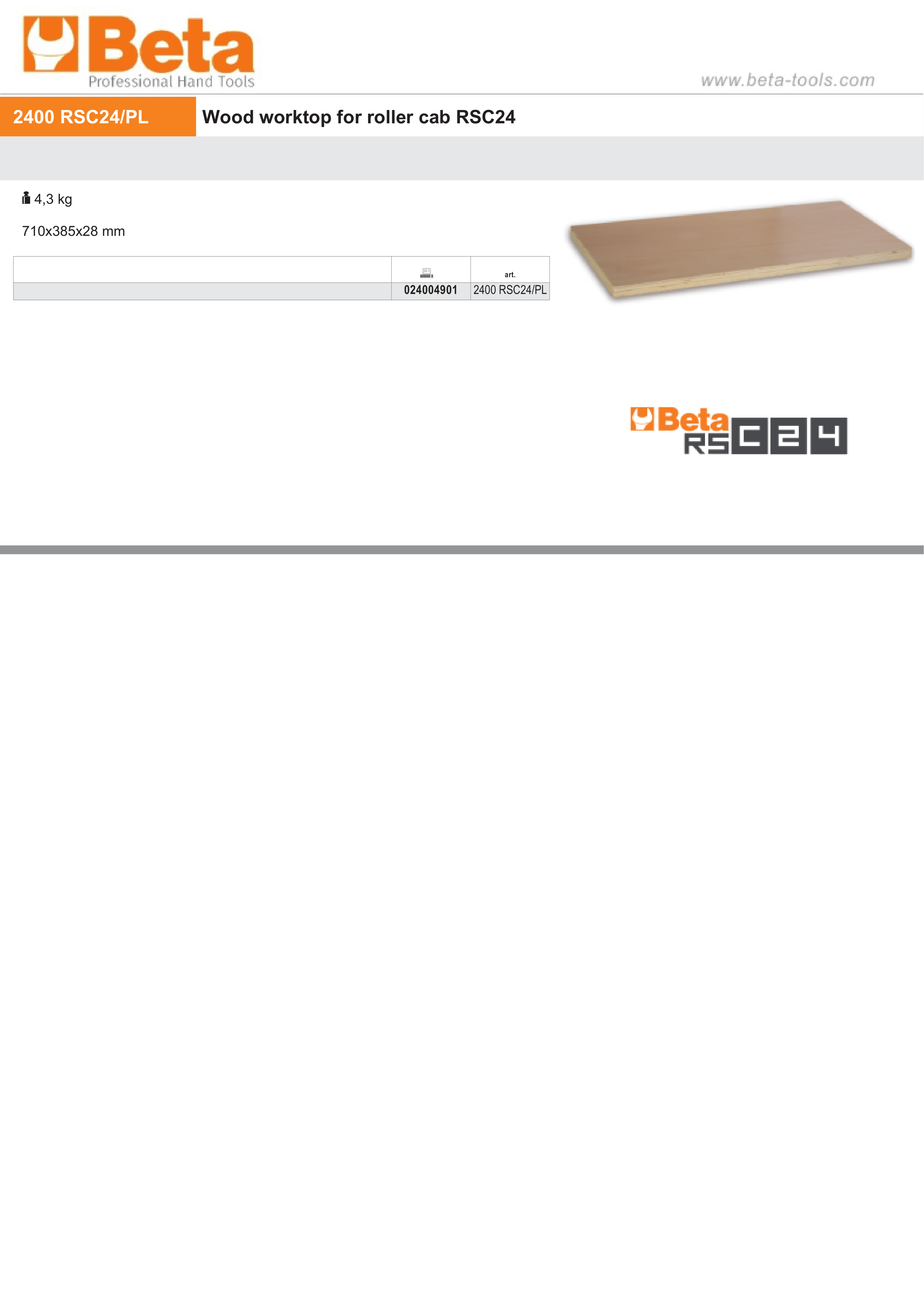 Wood Worktop for Roller Cab RSC24 - Beta Tools 2400 RSC24/PL