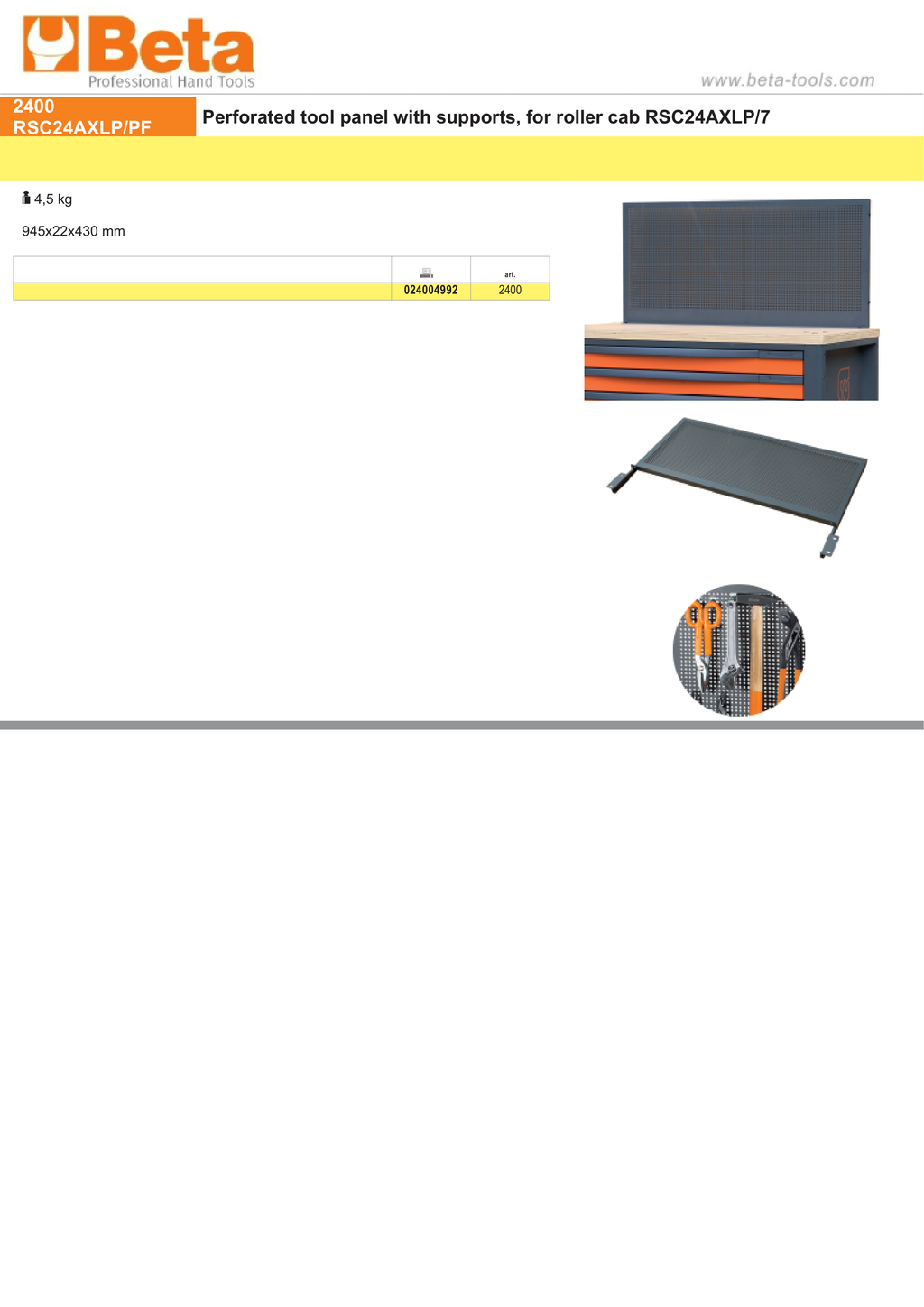 Perforated Tool Panel with Supports for Roller Cab RSC24AXLP/7 - Beta Tools 2400 RSC24AXLP/PF
