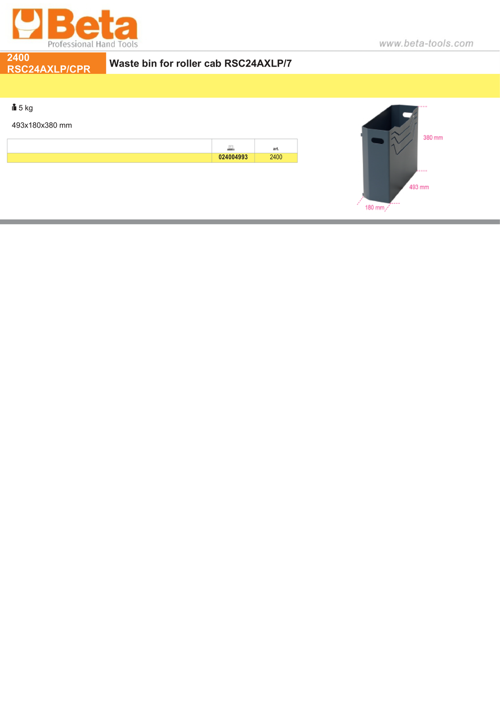 Waste Bin for Roller Cab RSC24AXLP/7 - Beta Tools 2400 RSC24AXLP/CPR