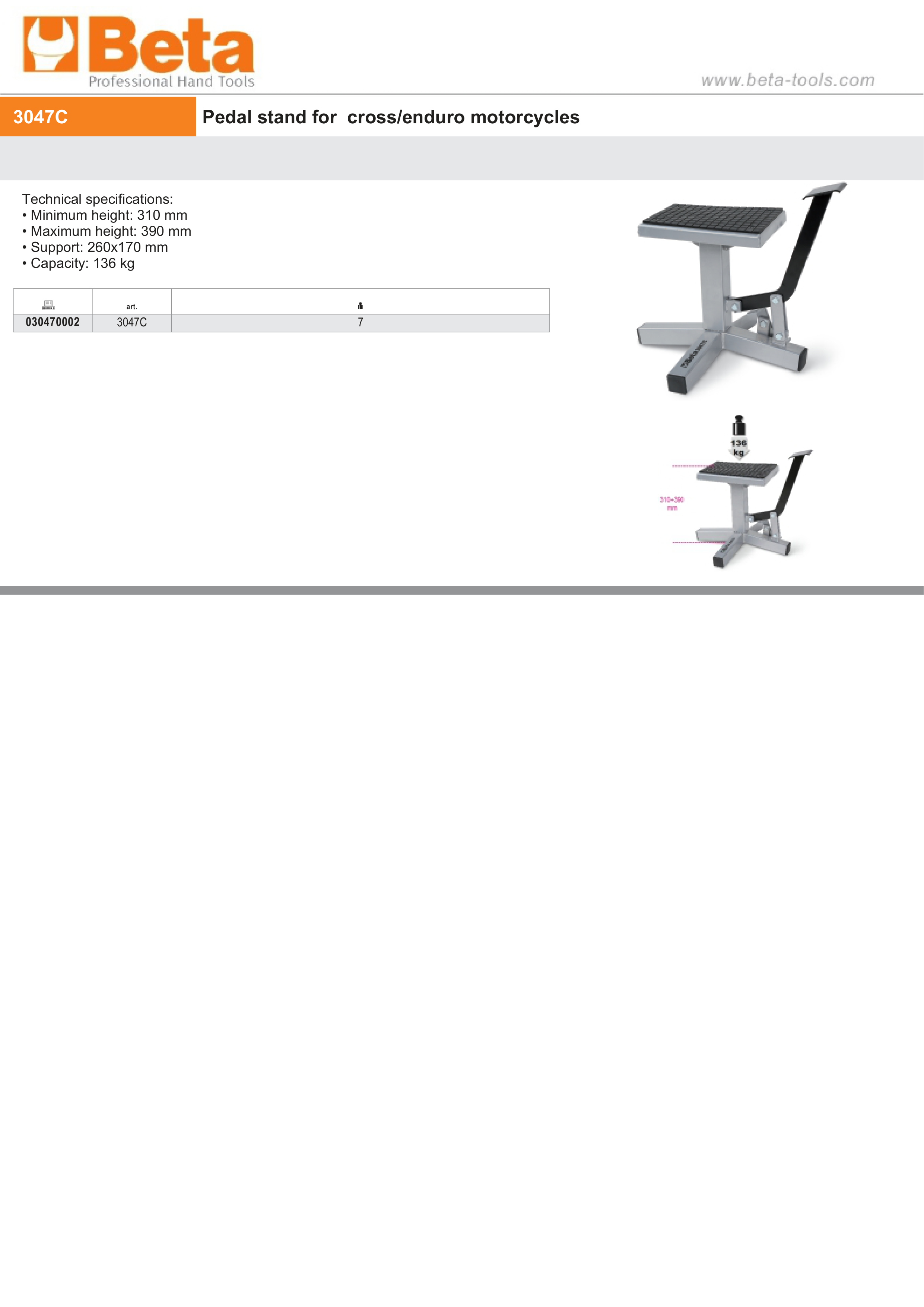 Pedal Stand for Cross/Enduro Motorcycles 310-390mm Height 260x170mm Support 136kg Capacity - Beta Tools 3047C