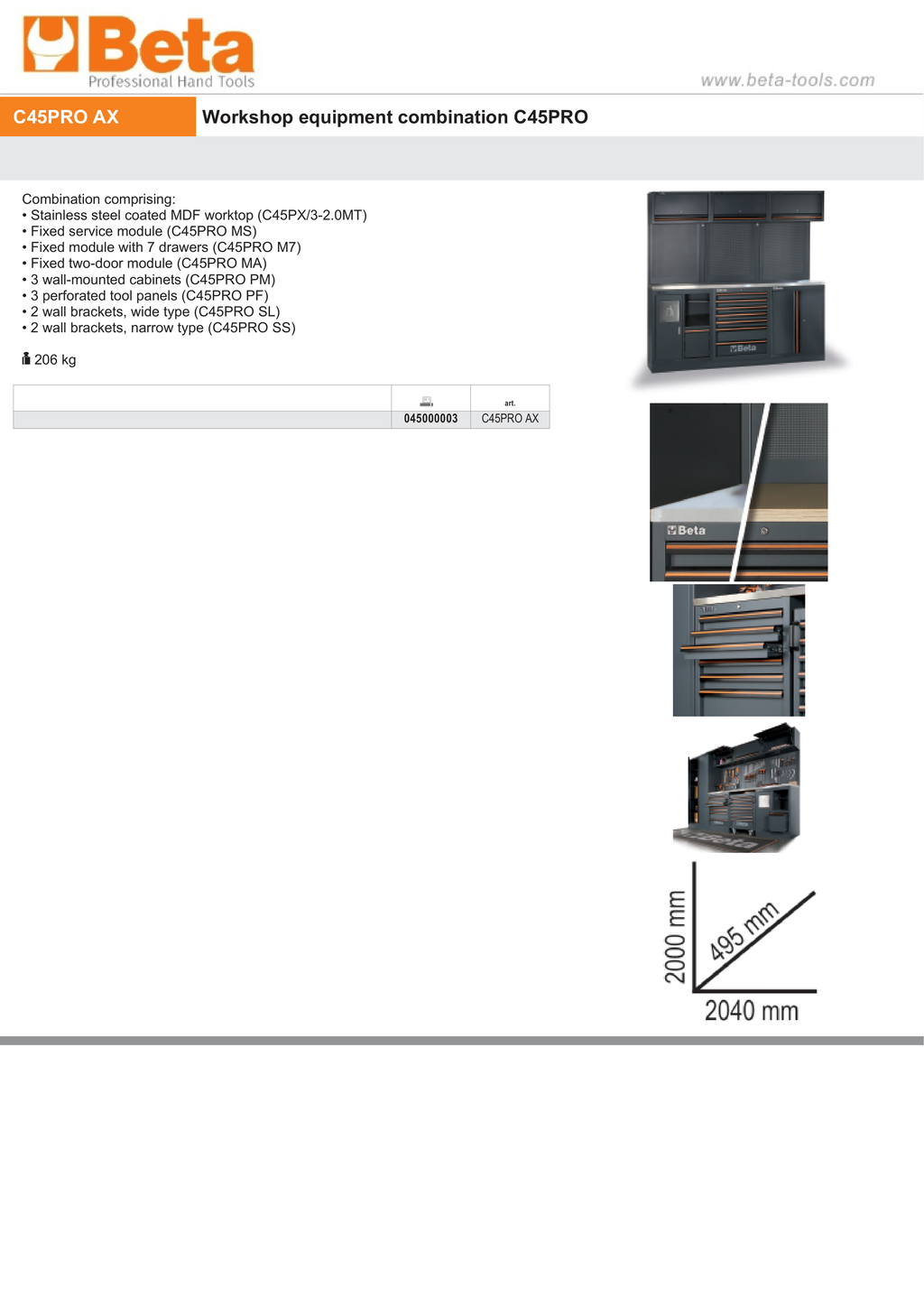 Workshop Equipment Combination with Stainless Steel Worktop, Drawers, Tool Panels, and Cabinets - BetaC45PRO C45PRO AX