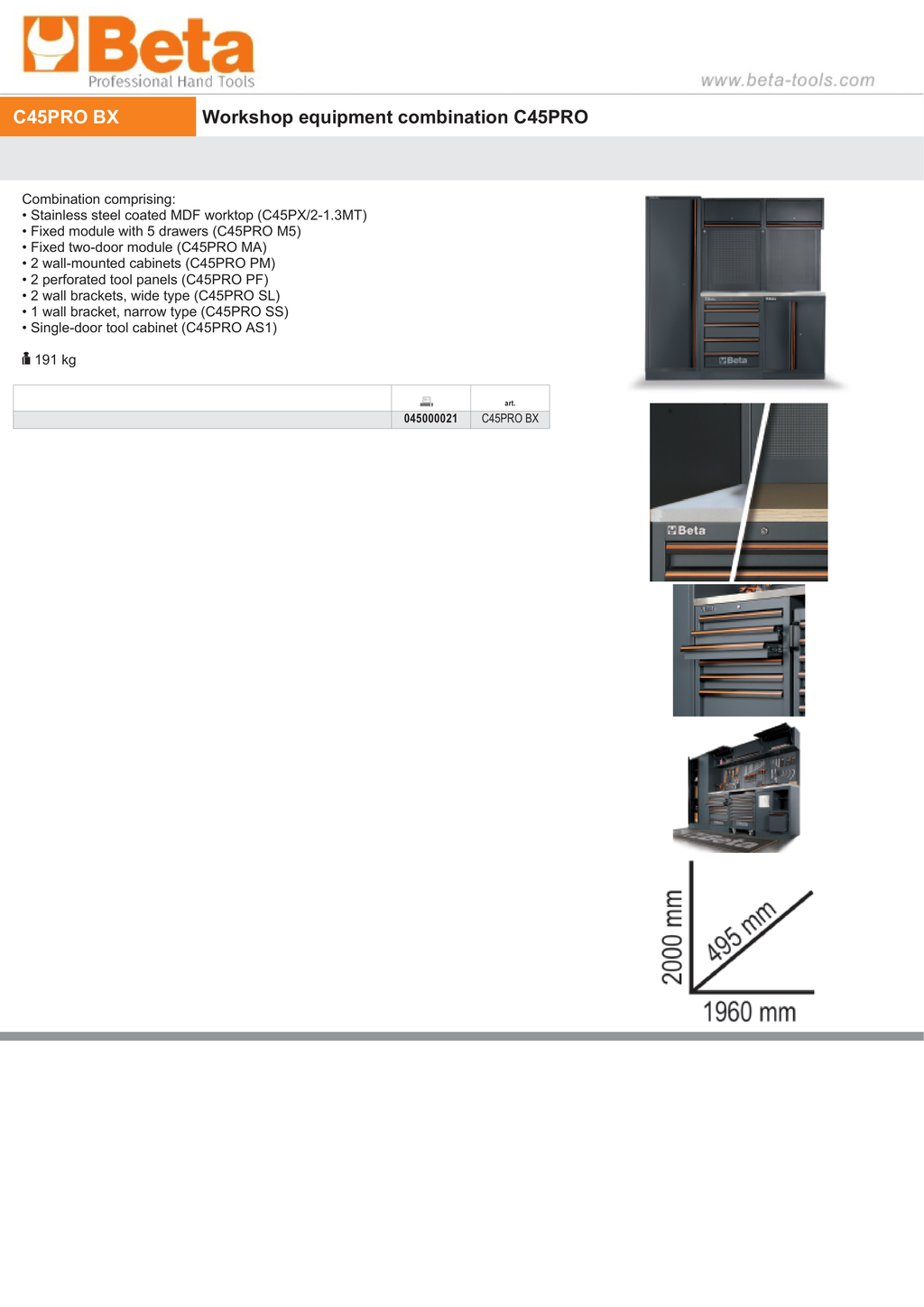 Workshop Equipment Combination with Stainless Steel Worktop, Drawers, Tool Panels, and Cabinets - BetaC45PRO C45PRO BX