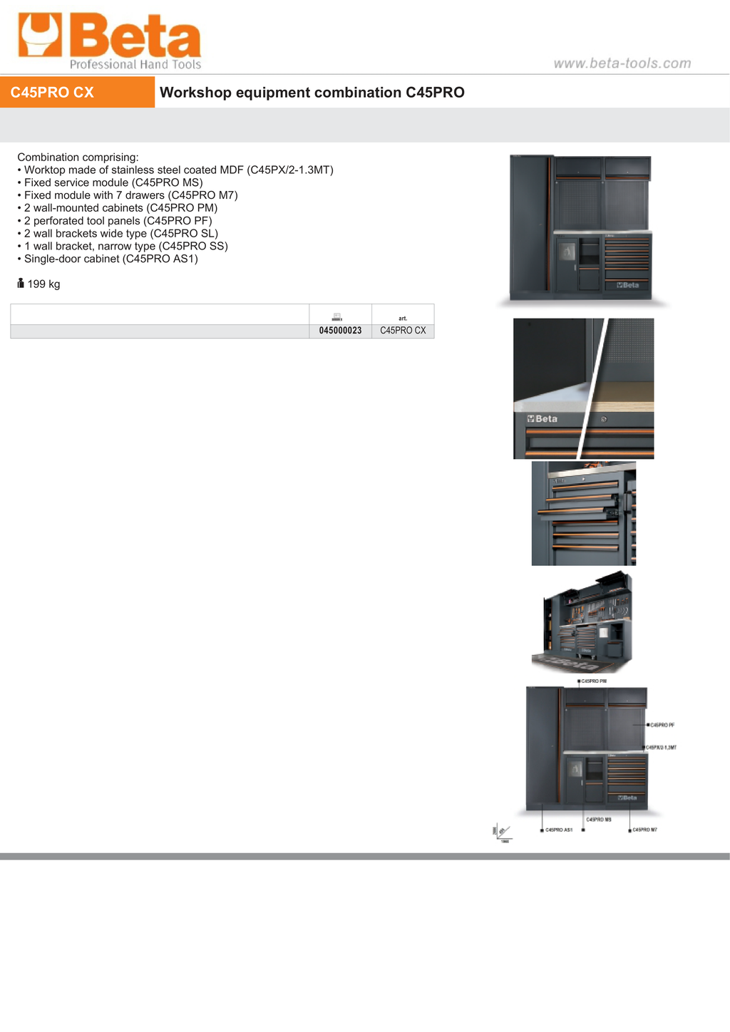 Workshop Equipment Combination with Stainless Steel Worktop, Drawers, Tool Panels, and Cabinets - BetaC45PRO C45PRO CX