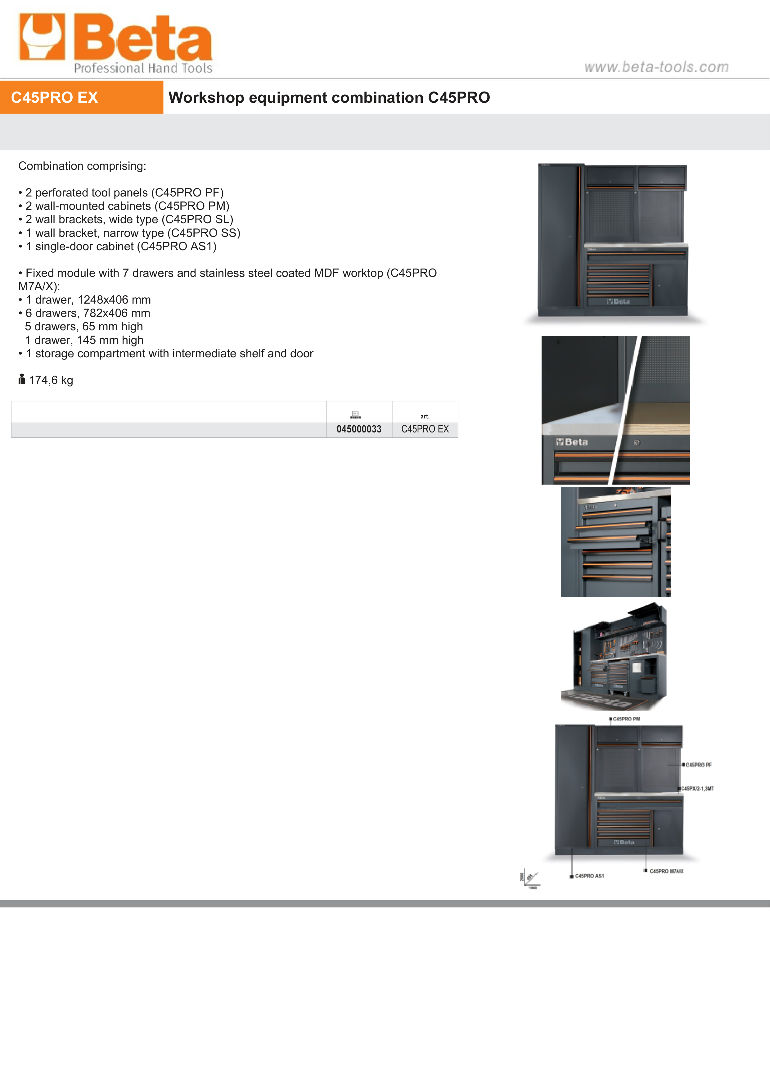 Workshop Equipment Combination with Stainless Steel Worktop, Drawers, Tool Panels, and Cabinets - BetaC45PRO C45PRO EX