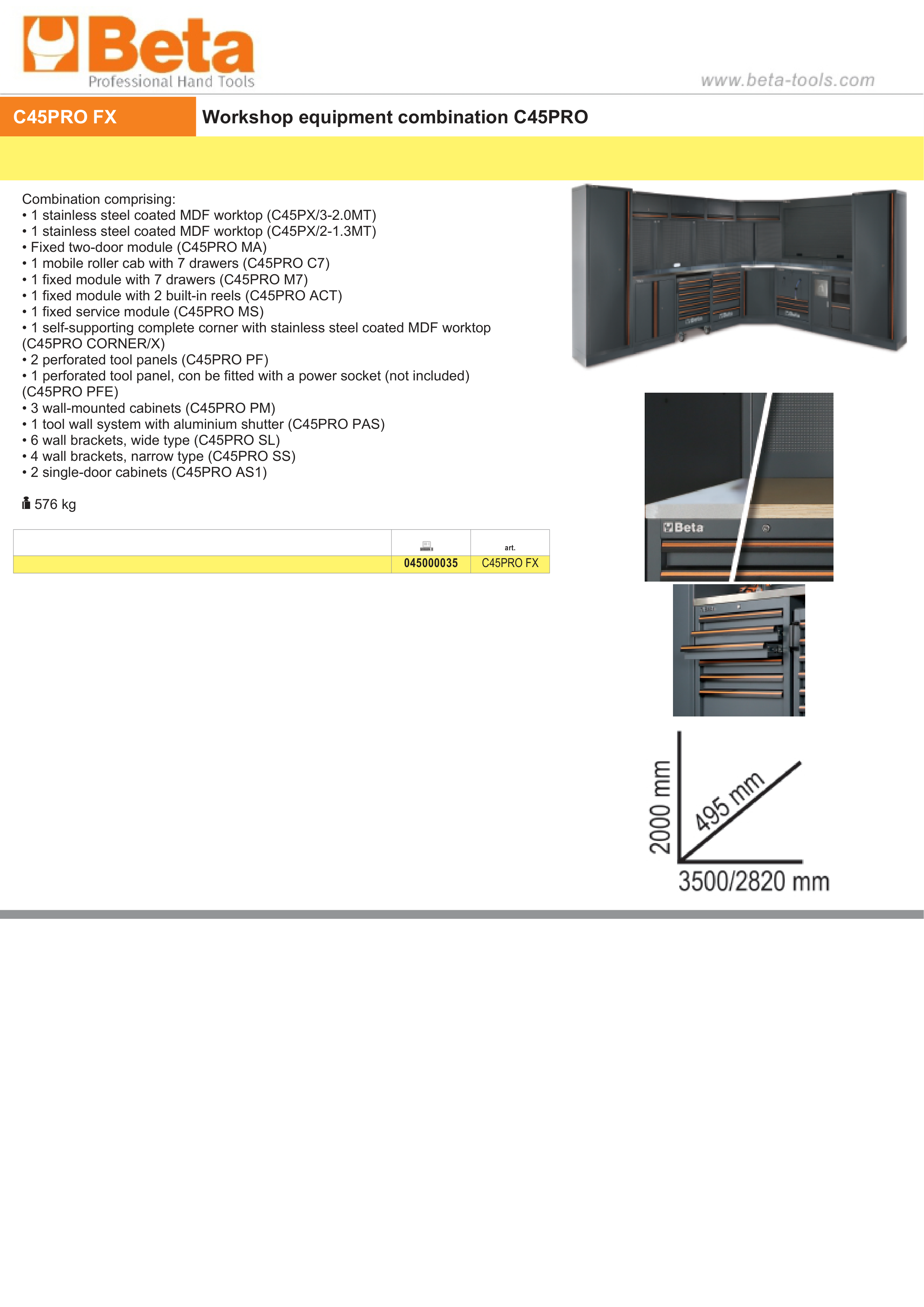 Workshop Equipment Combination with Stainless Steel Worktops, Drawers, Tool Panels, and Cabinets - BetaC45PRO C45PRO FX