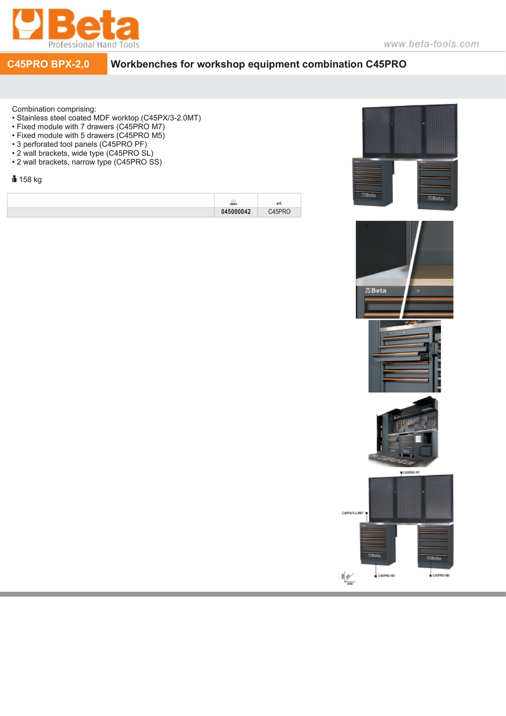 Workbenches with Stainless Steel Worktop, Drawers, and Tool Panels - BetaC45PRO C45PRO BPX-2,0