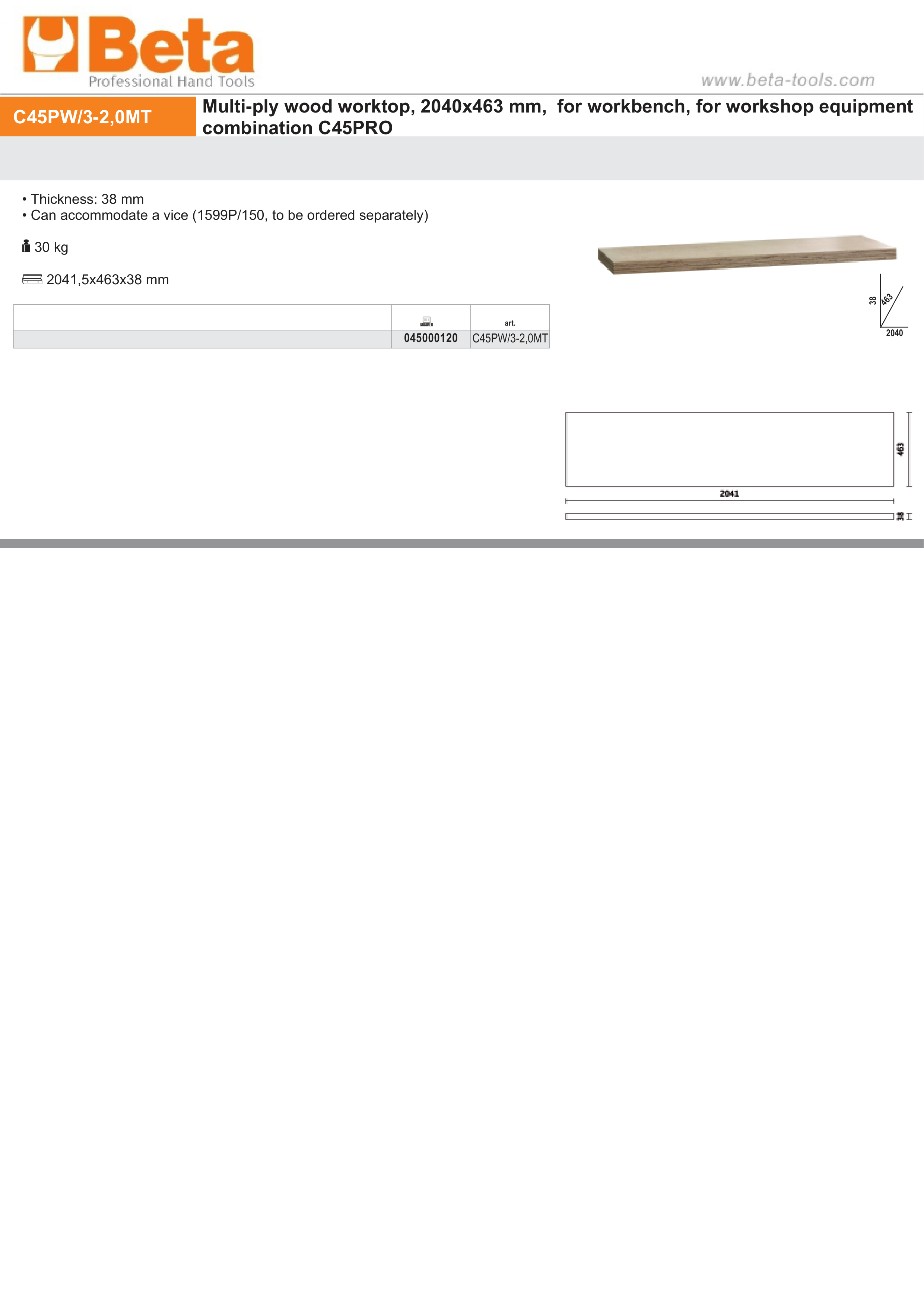 Multi-Ply Wood Worktop 2040x463x38mm for Workbench - BetaC45PRO C45PW/3-2,0MT