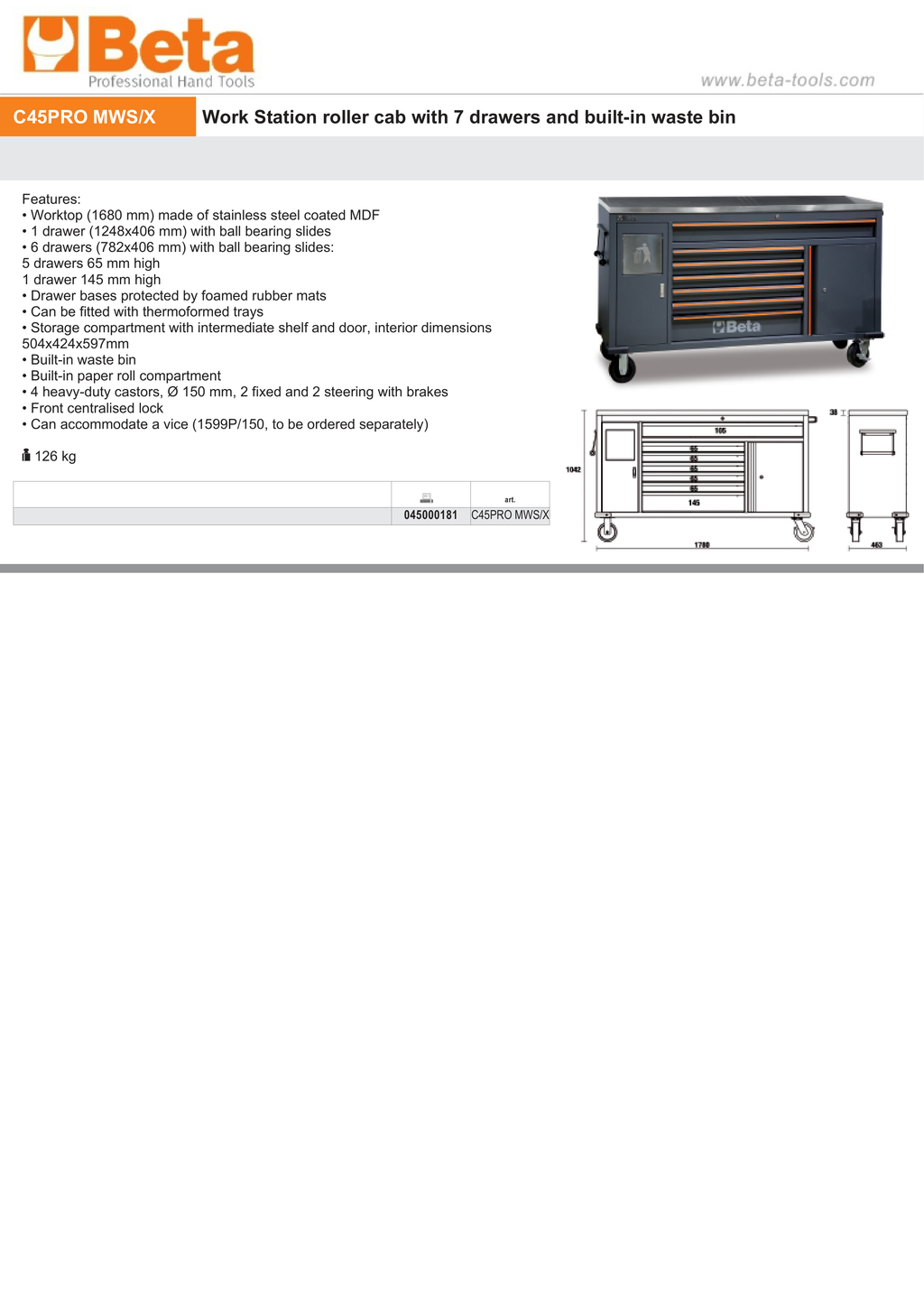 Work Station Roller Cab with 7 Drawers and Built-In Waste Bin - BetaC45PRO C45PRO MWS/X