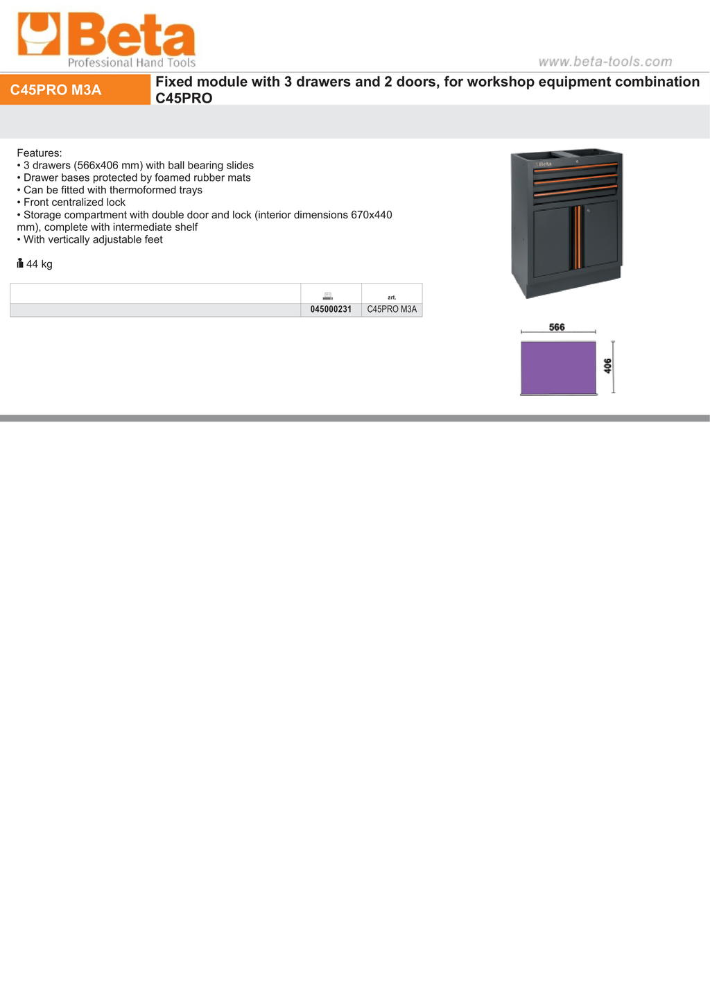 Fixed Module with 3 Drawers and 2 Doors for Workshop - BetaC45PRO C45PRO M3A