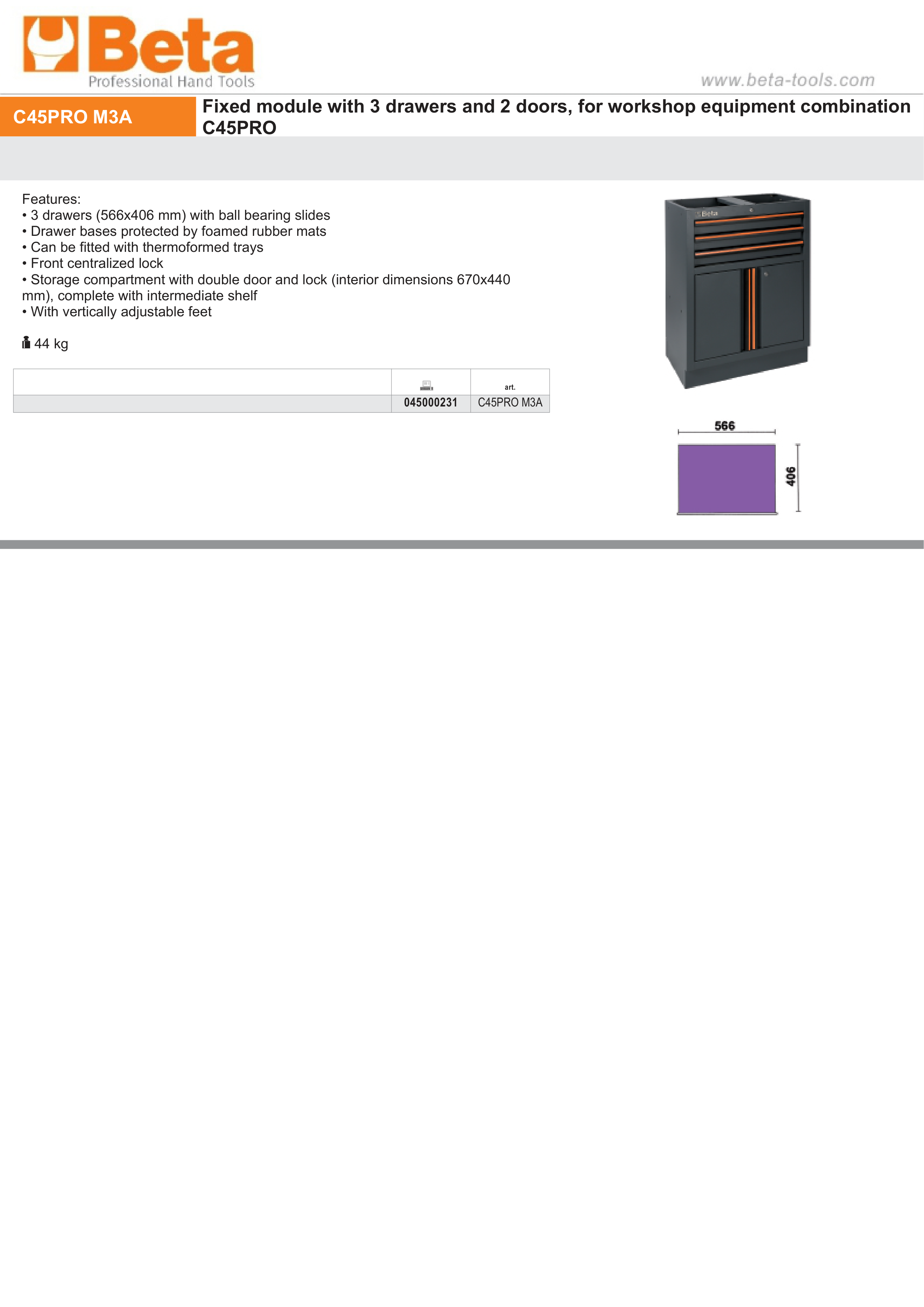 Fixed Module with 3 Drawers and 2 Doors for Workshop - BetaC45PRO C45PRO M3A