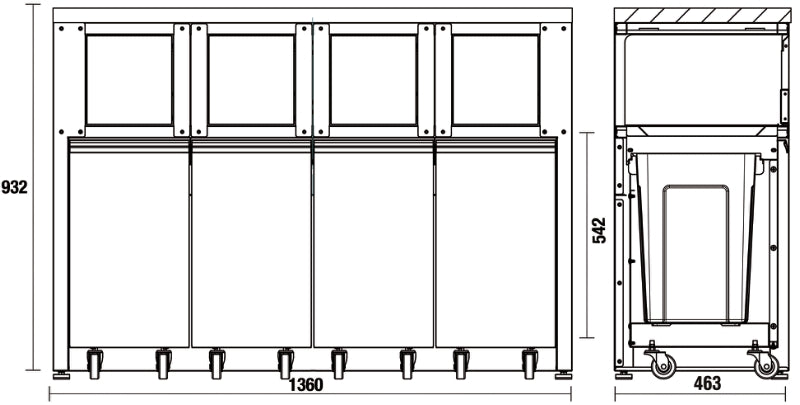 Fixed Sorted Waste Collection Module with Worktop and 4 Containers for Workshop - BetaC45PRO C45PRO RD/W