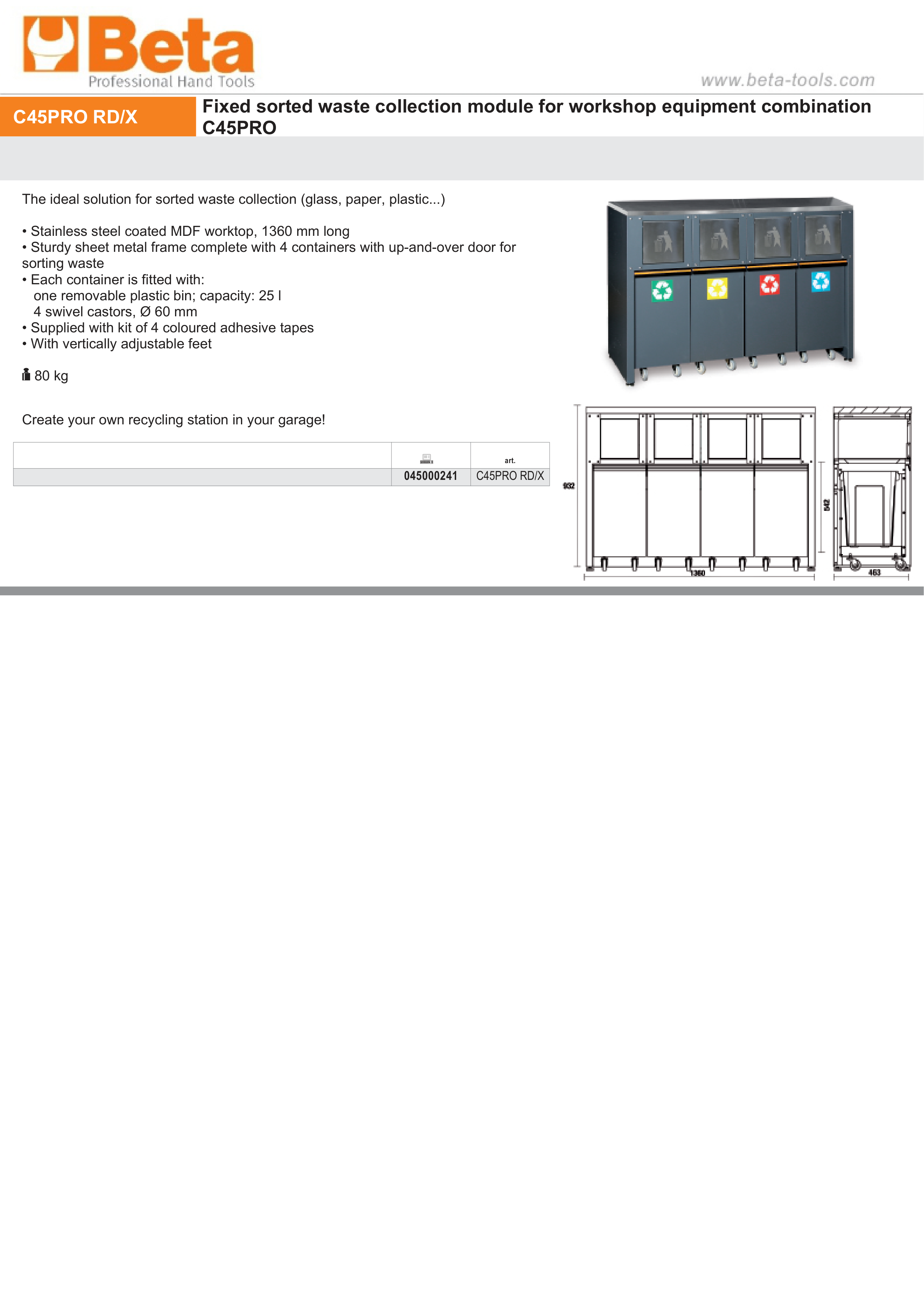 Fixed Sorted Waste Collection Module with Stainless Steel Worktop and 4 Containers for Workshop - BetaC45PRO C45PRO RD/X