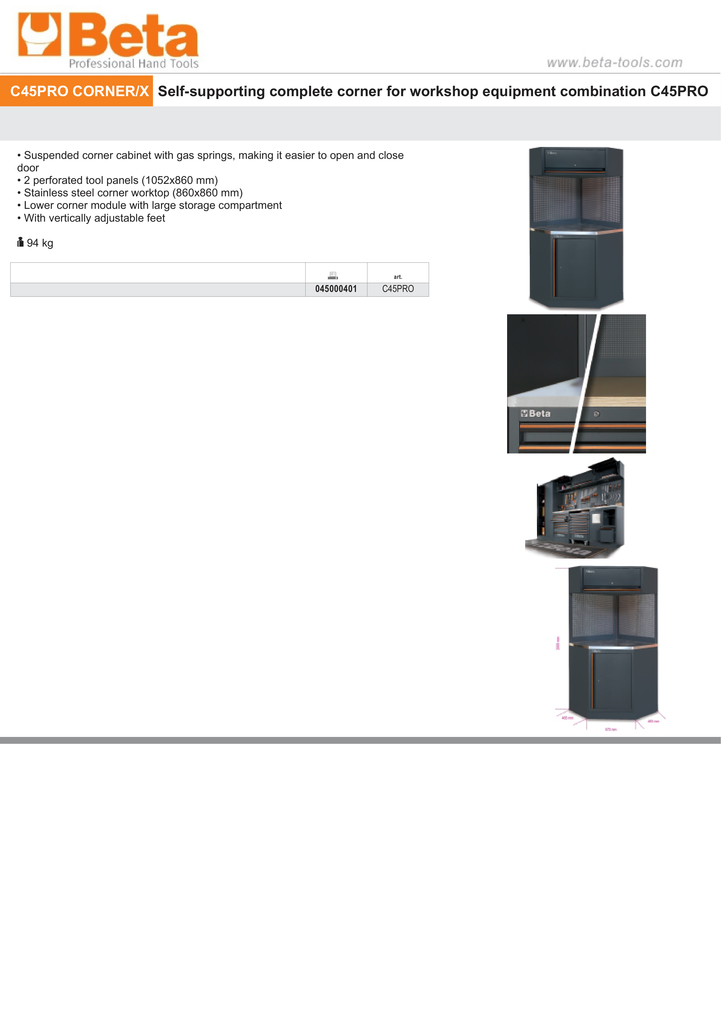 Self-Supporting Corner Unit with Cabinet, Tool Panels, and Worktop for Workshop - BetaC45PRO C45PRO CORNER/X