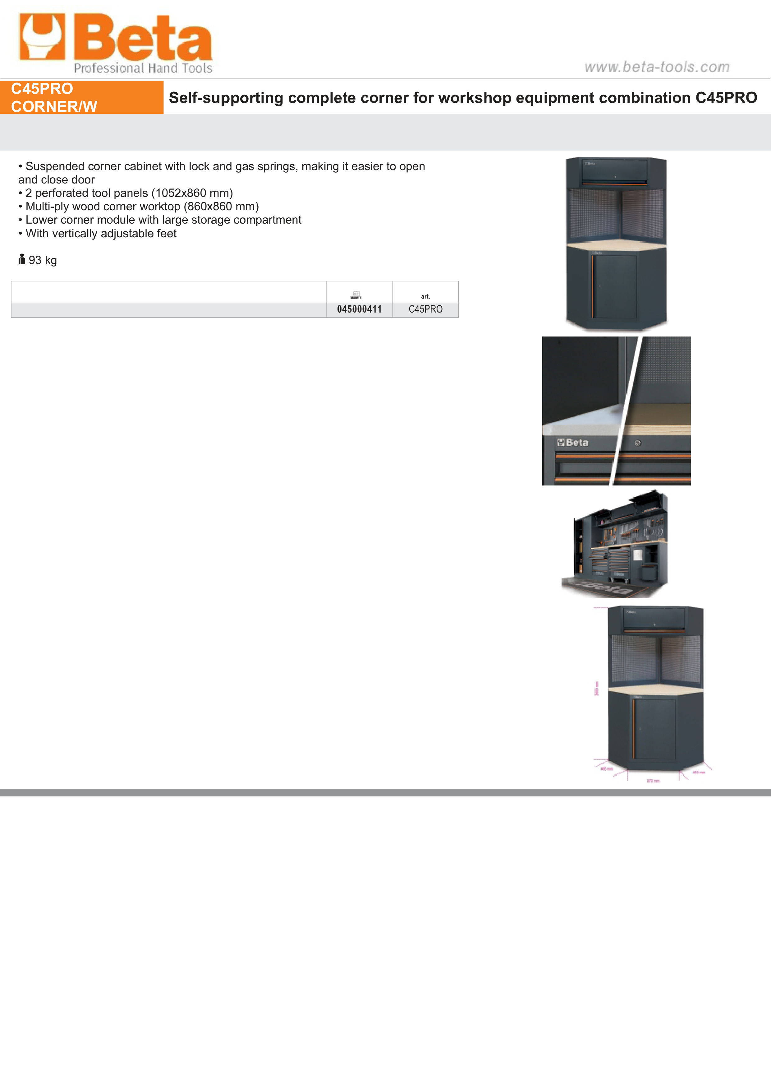 Self-Supporting Corner Unit with Locking Cabinet, Tool Panels, and Wood Worktop for Workshop - BetaC45PRO C45PRO CORNER/W