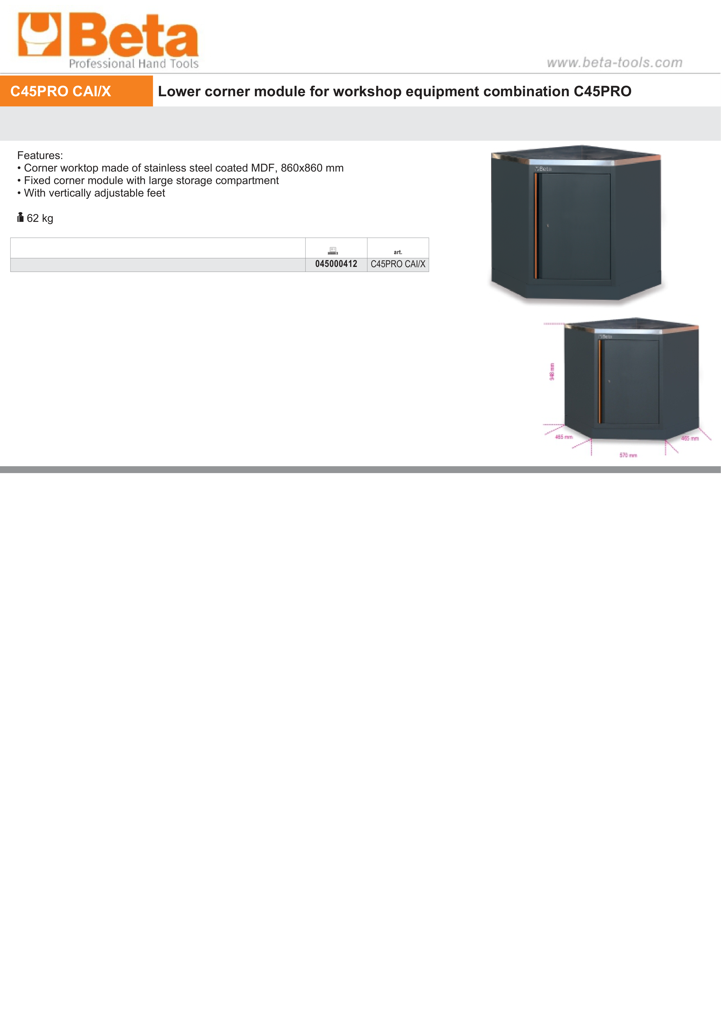 Lower Corner Module with Stainless Steel Worktop and Storage for Workshop - BetaC45PRO C45PRO CAI/X