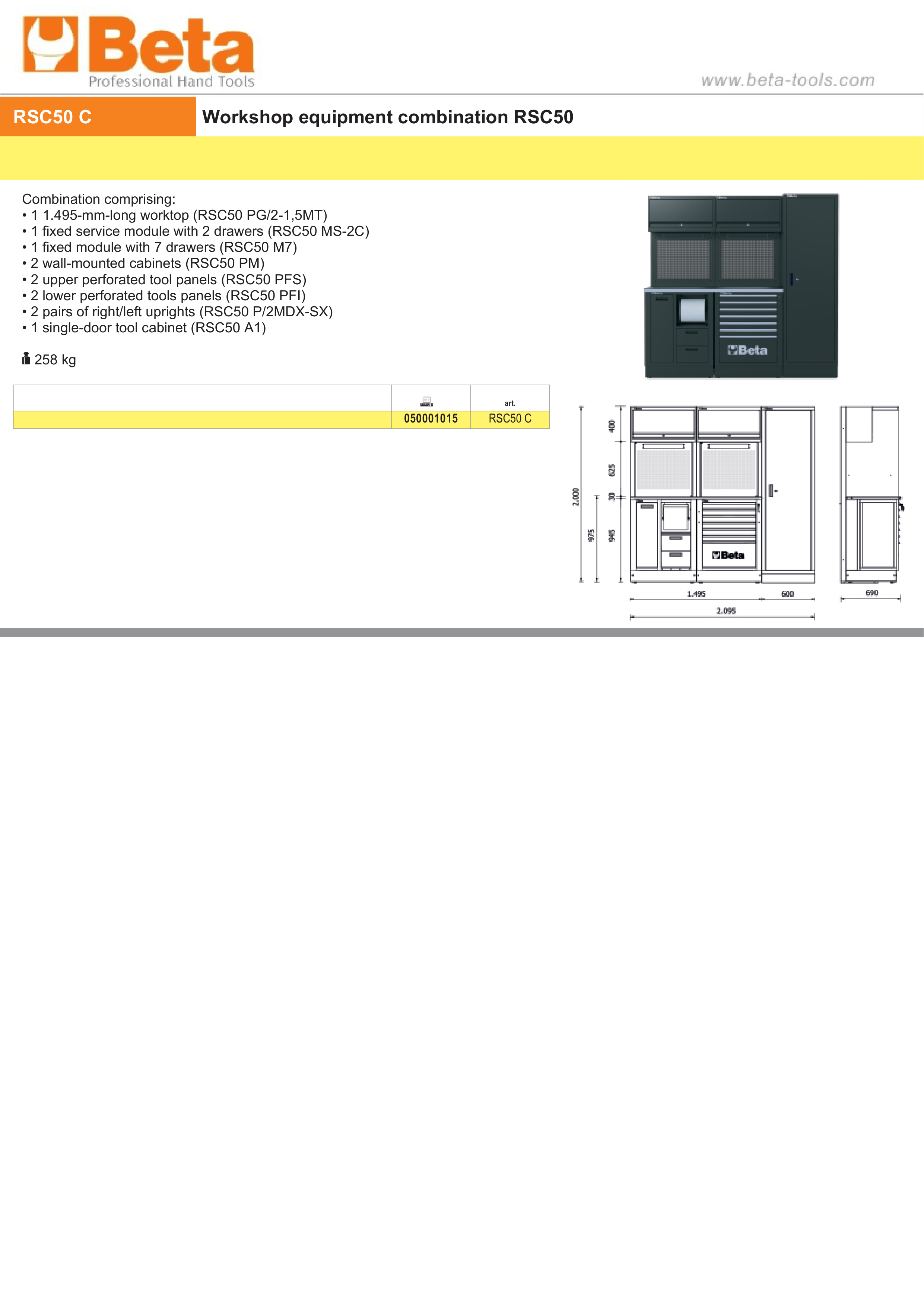 Workshop Equipment Combination RSC50 with Worktop, Drawers, Cabinets, and Tool Panels - BetaRSC50 RSC50 C
