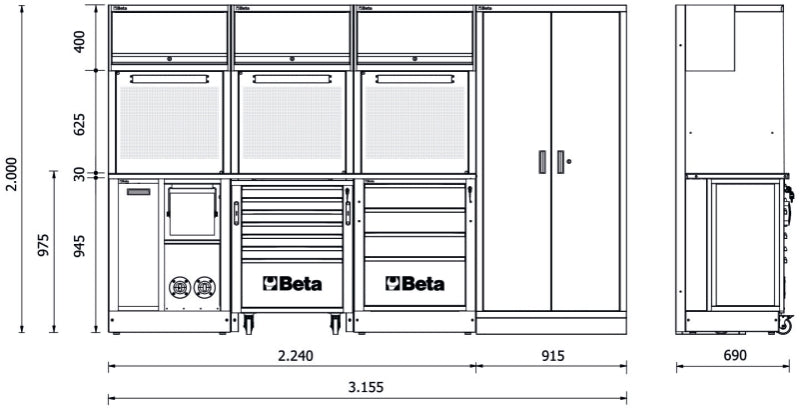 Workshop Equipment Combination RSC50 with 2.240mm Worktop, Drawers, Roller Cab, and Tool Panels - BetaRSC50 RSC50 G
