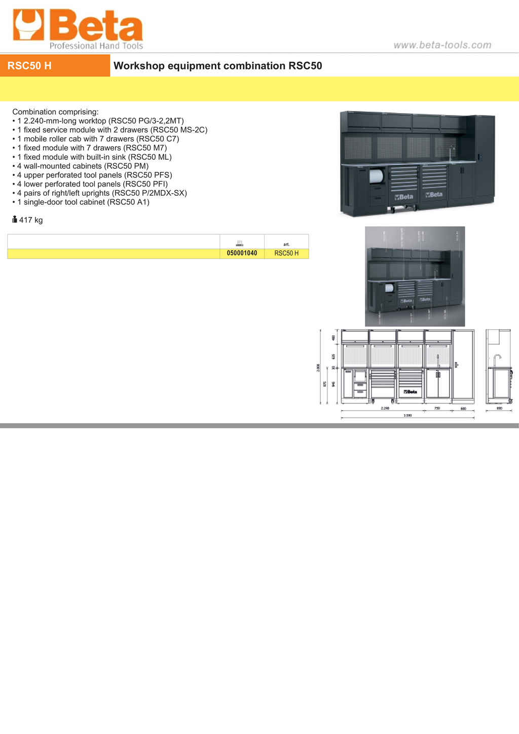 Workshop Equipment Combination RSC50 with 2.240mm Worktop, Drawers, Roller Cab, Sink, and Tool Panels - BetaRSC50 RSC50 H