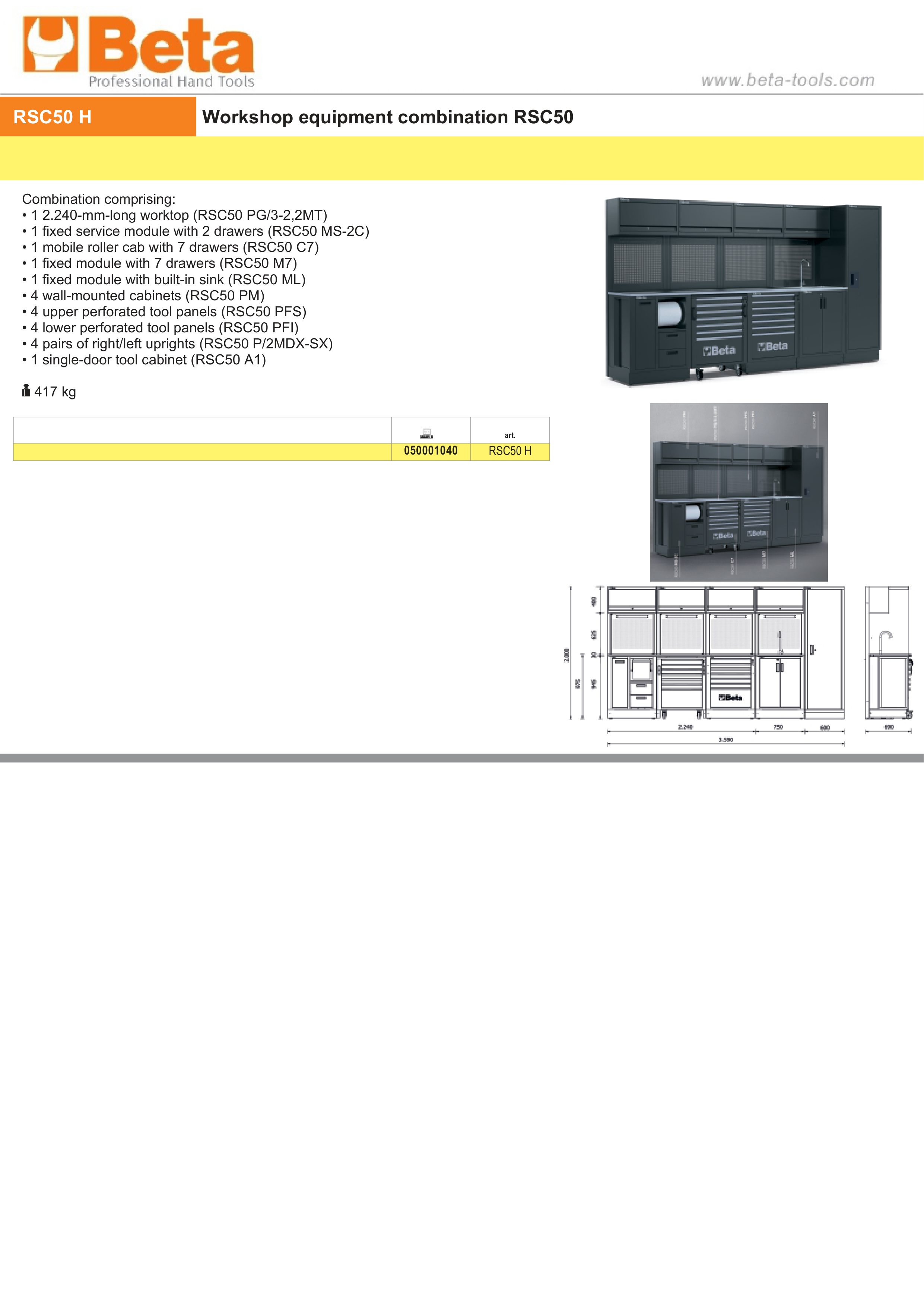 Workshop Equipment Combination RSC50 with 2.240mm Worktop, Drawers, Roller Cab, Sink, and Tool Panels - BetaRSC50 RSC50 H