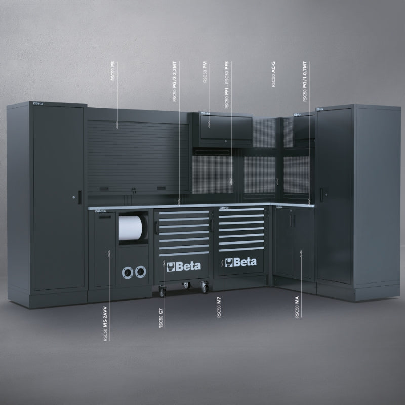 Workshop Equipment Combination RSC50 with 2.240mm and 750mm Worktops, Drawers, Roller Cab, Corner Unit, and Tool Panels - BetaRSC50 RSC50 L