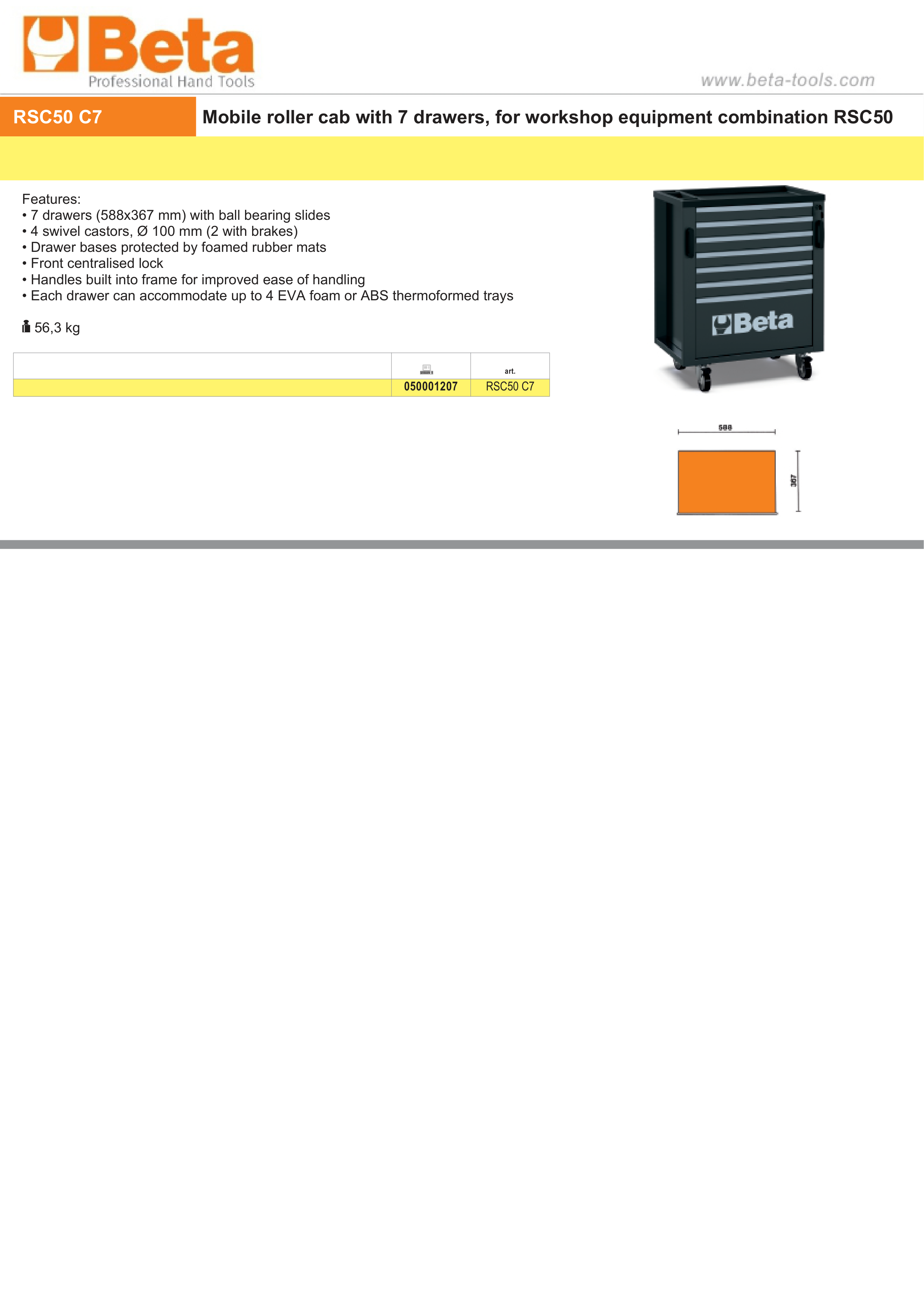 Mobile Roller Cabinet with 7 Drawers for RSC50, 588x367mm, Swivel Castors, Central Lock - BetaRSC50 RSC50 C7