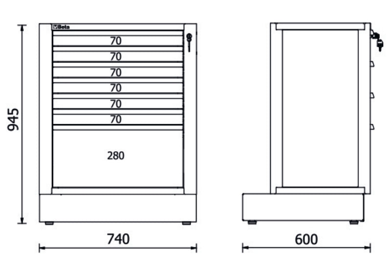 Fixed Module with 7 Drawers for RSC50, 588x367mm, Central Lock, Adjustable Feet - BetaRSC50 RSC50 M7