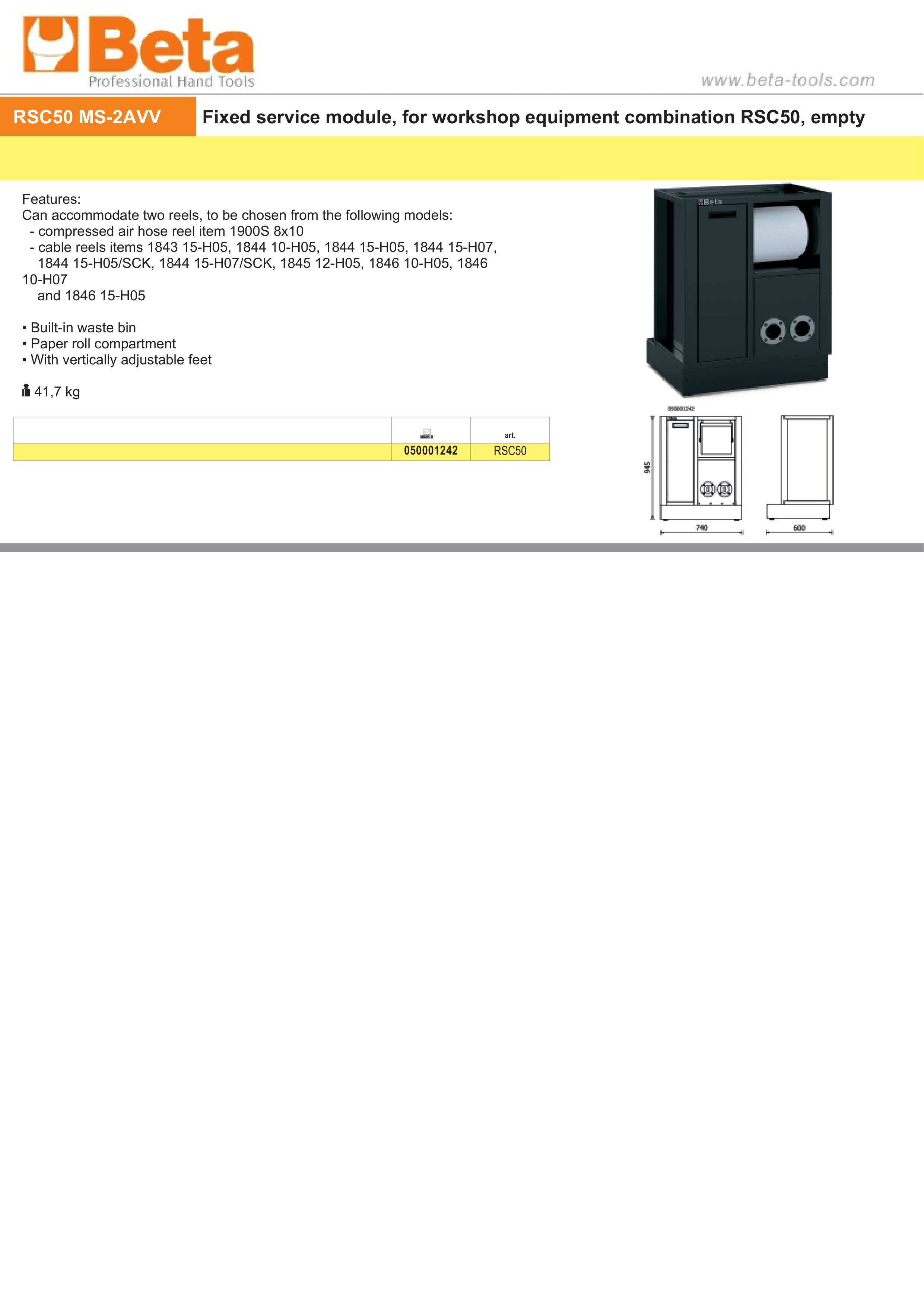 Fixed Service Module for RSC50, Empty, Holds Two Reels, Built-in Waste Bin, Paper Roll Compartment, Adjustable Feet - BetaRSC50 RSC50 MS-2AVV