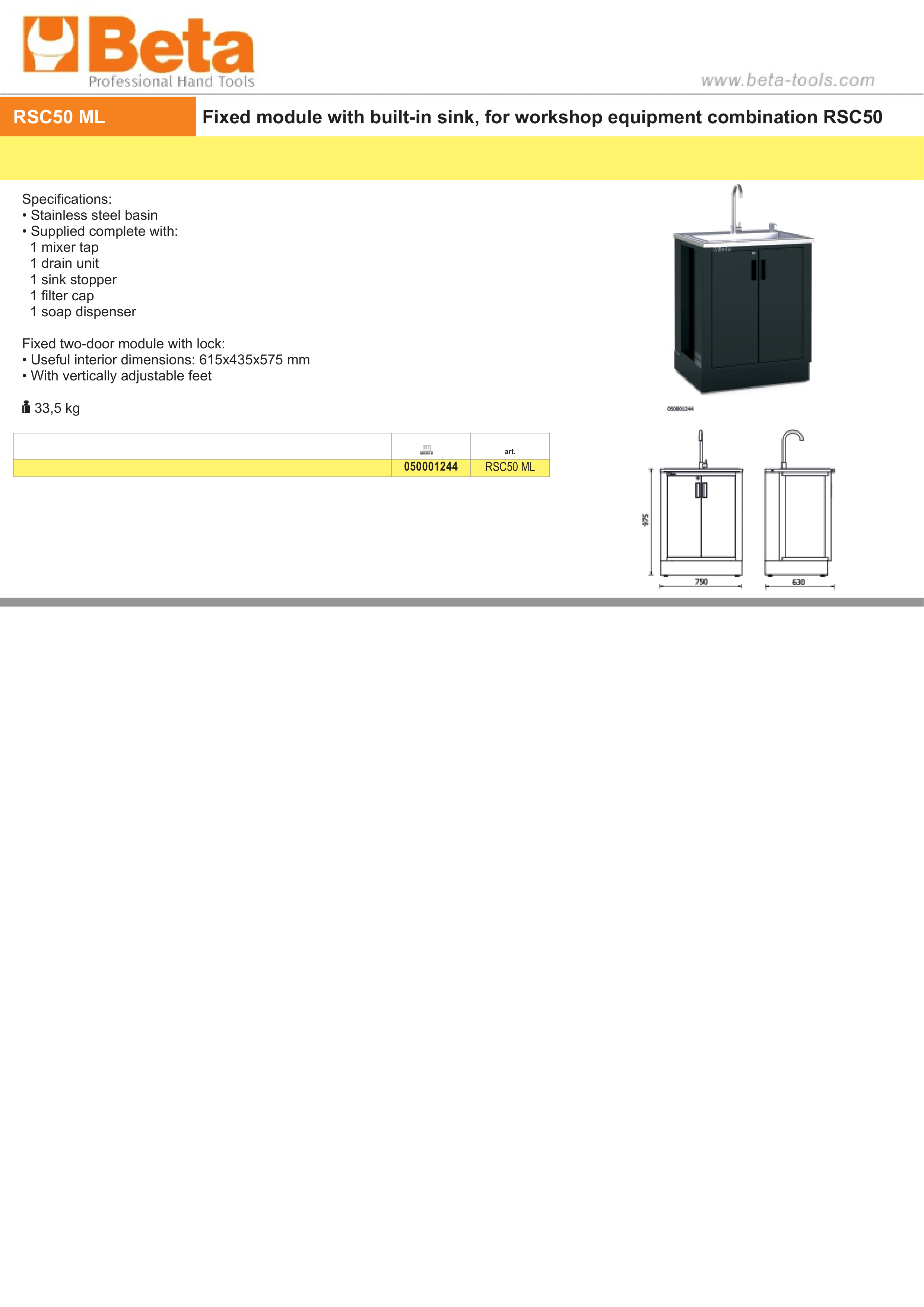 Fixed Module with Built-in Sink for RSC50, Stainless Steel Basin, Includes Mixer Tap, Drain Unit, Soap Dispenser, Two-Door Module with Lock, 615x435x575mm, Adjustable Feet - BetaRSC50 RSC50 ML