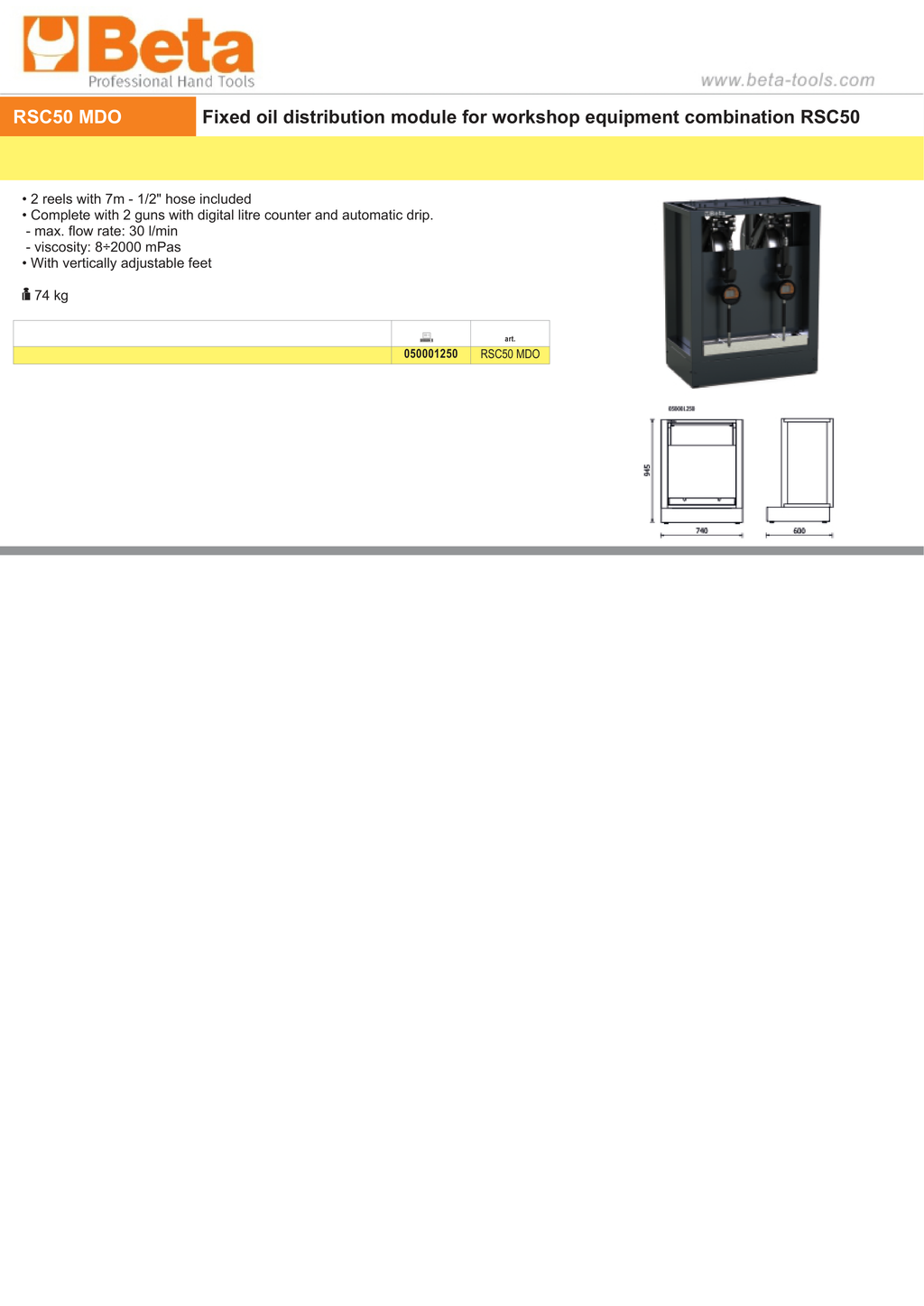 Fixed Oil Distribution Module for RSC50, Includes 2 Reels with 7m 1/2 Hose, Digital Litre Counter Guns, Max Flow 30 l/min, Viscosity 8-2000 mPas, Adjustable Feet - BetaRSC50 RSC50 MDO