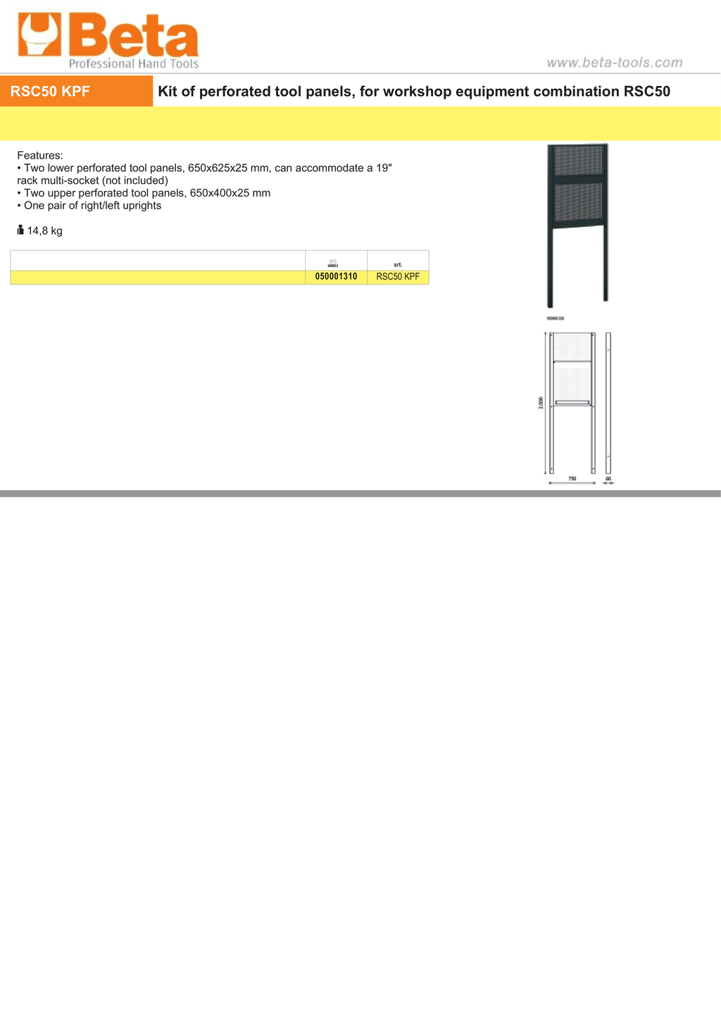 Perforated Tool Panel Kit for RSC50, Includes 2 Lower Panels 650x625mm, 2 Upper Panels 650x400mm, Pair of Uprights - BetaRSC50 RSC50 KPF