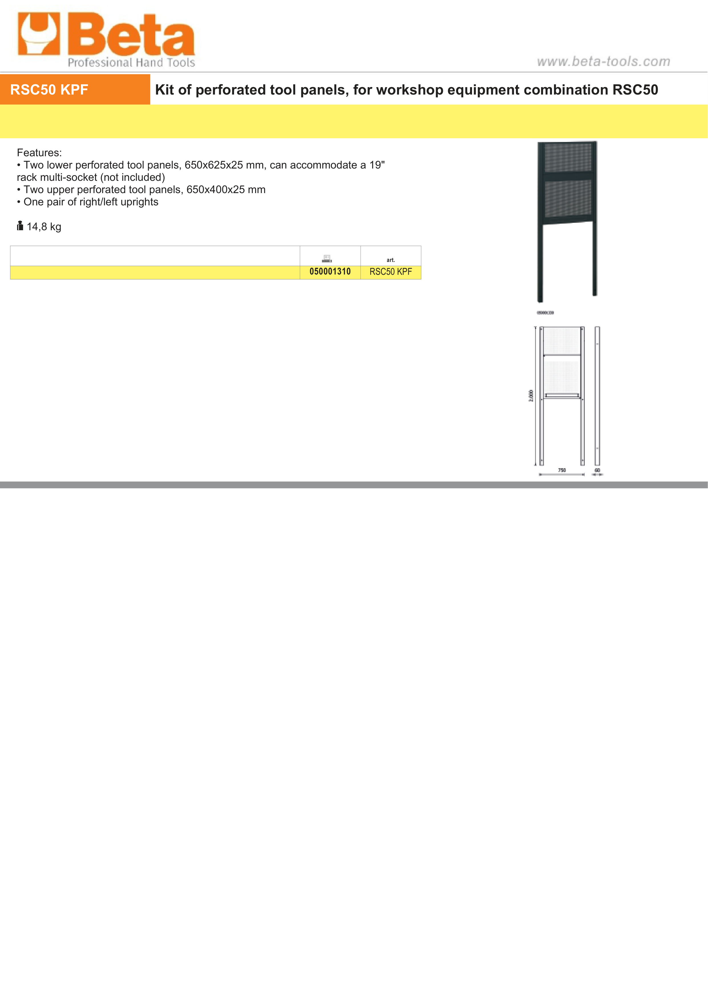 Perforated Tool Panel Kit for RSC50, Includes 2 Lower Panels 650x625mm, 2 Upper Panels 650x400mm, Pair of Uprights - BetaRSC50 RSC50 KPF