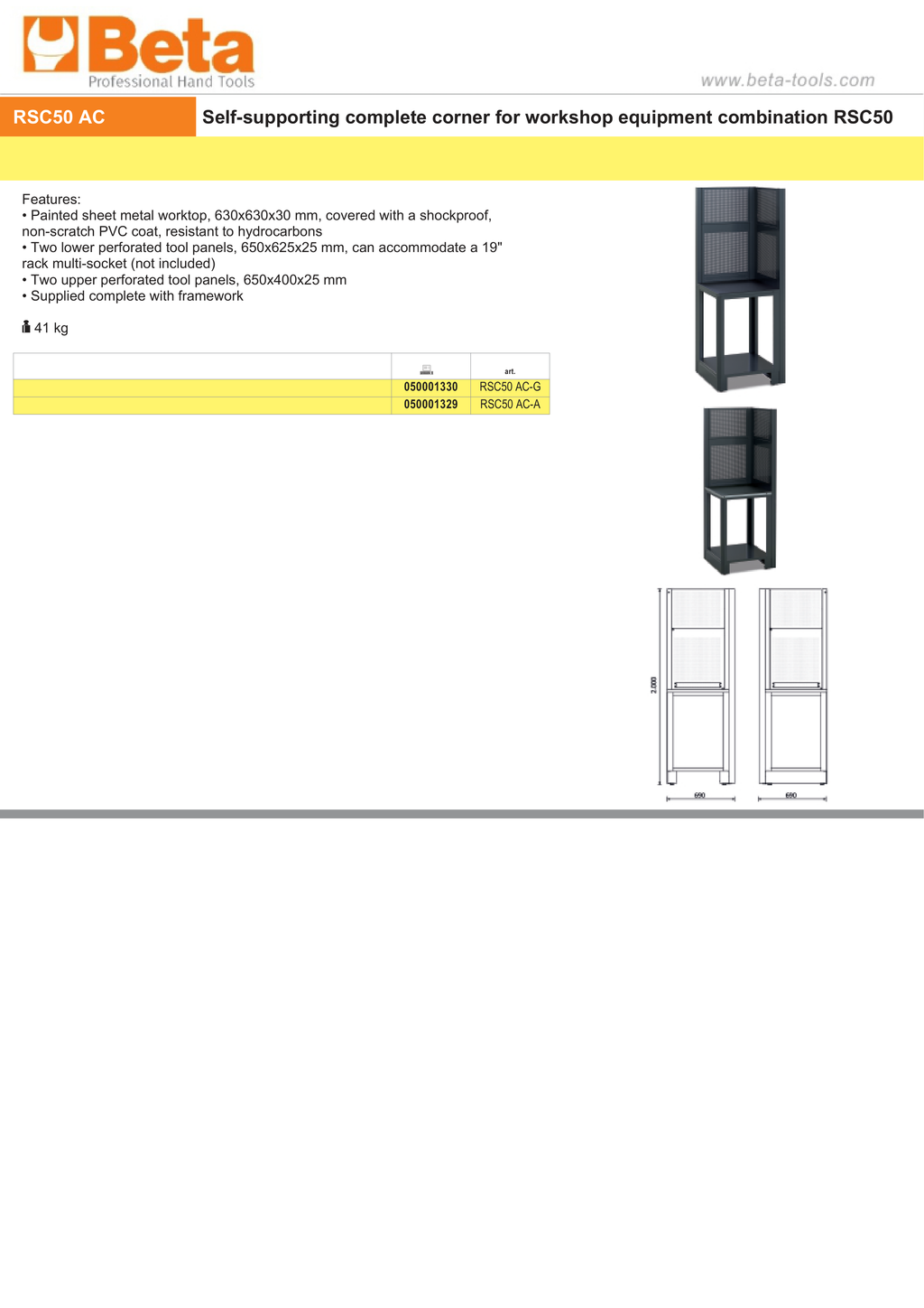 Self-Supporting Complete Corner for RSC50, 630x630mm Worktop, Shockproof PVC Coat, Includes 2 Lower Panels 650x625mm, 2 Upper Panels 650x400mm, Complete Framework - BetaRSC50 RSC50 AC-G
