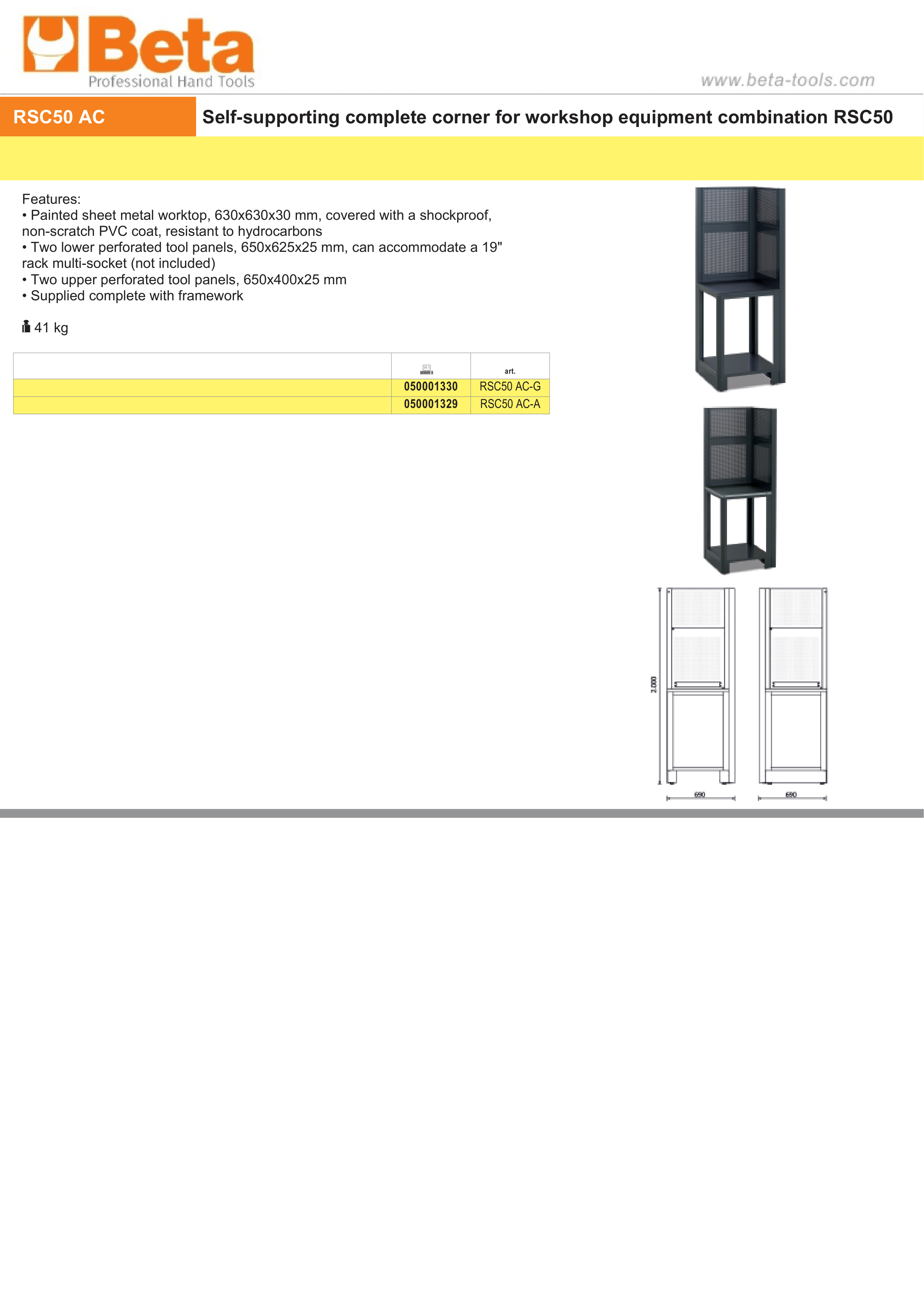 Self-Supporting Complete Corner for RSC50, 630x630mm Worktop, Shockproof PVC Coat, Includes 2 Lower Panels 650x625mm, 2 Upper Panels 650x400mm, Complete Framework - BetaRSC50 RSC50 AC-G