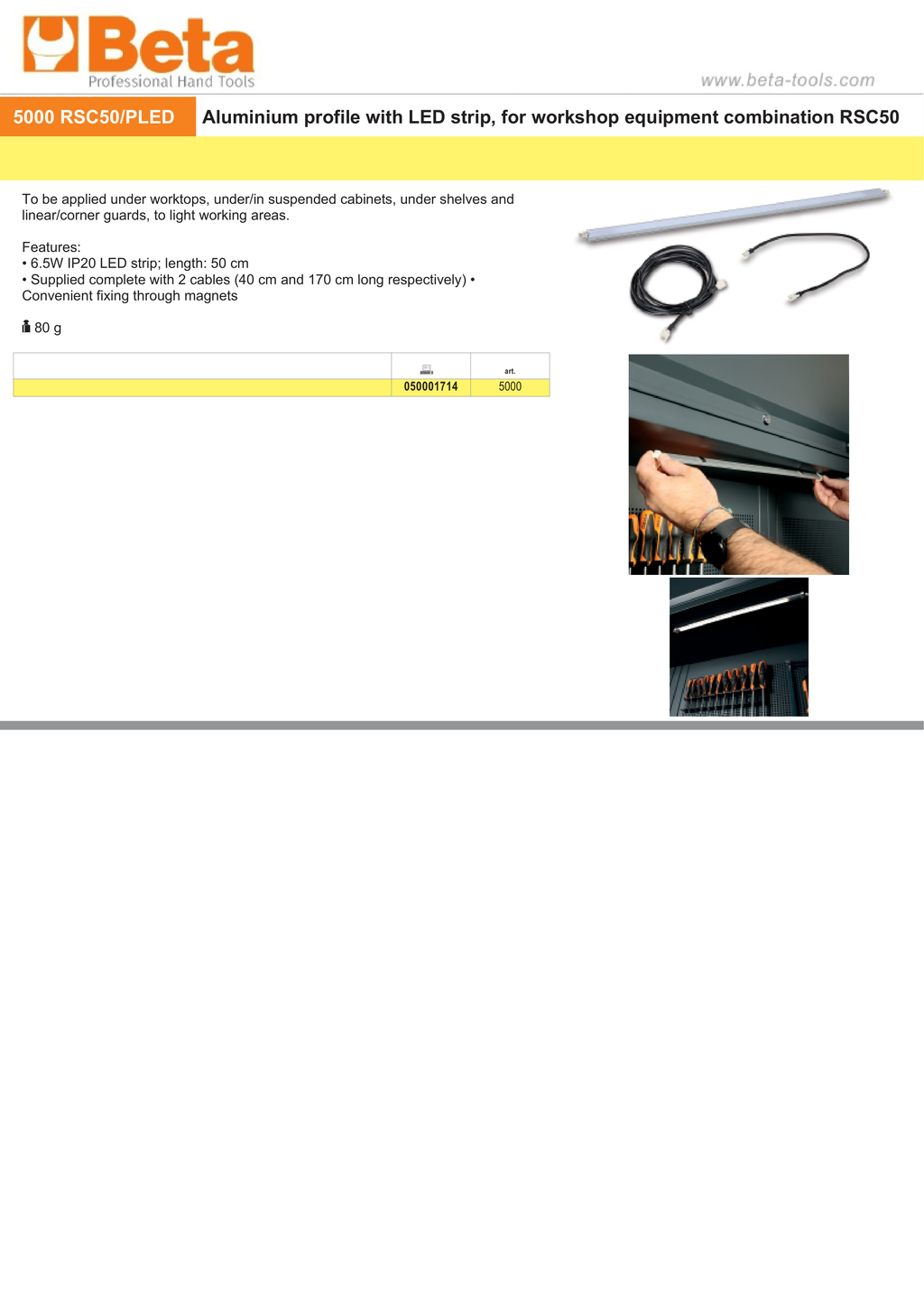 Aluminium Profile with LED Strip for RSC50, 50cm Length, 6.5W IP20, Includes 2 Cables, Magnetic Fixing - BetaRSC50 5000 RSC50/PLED