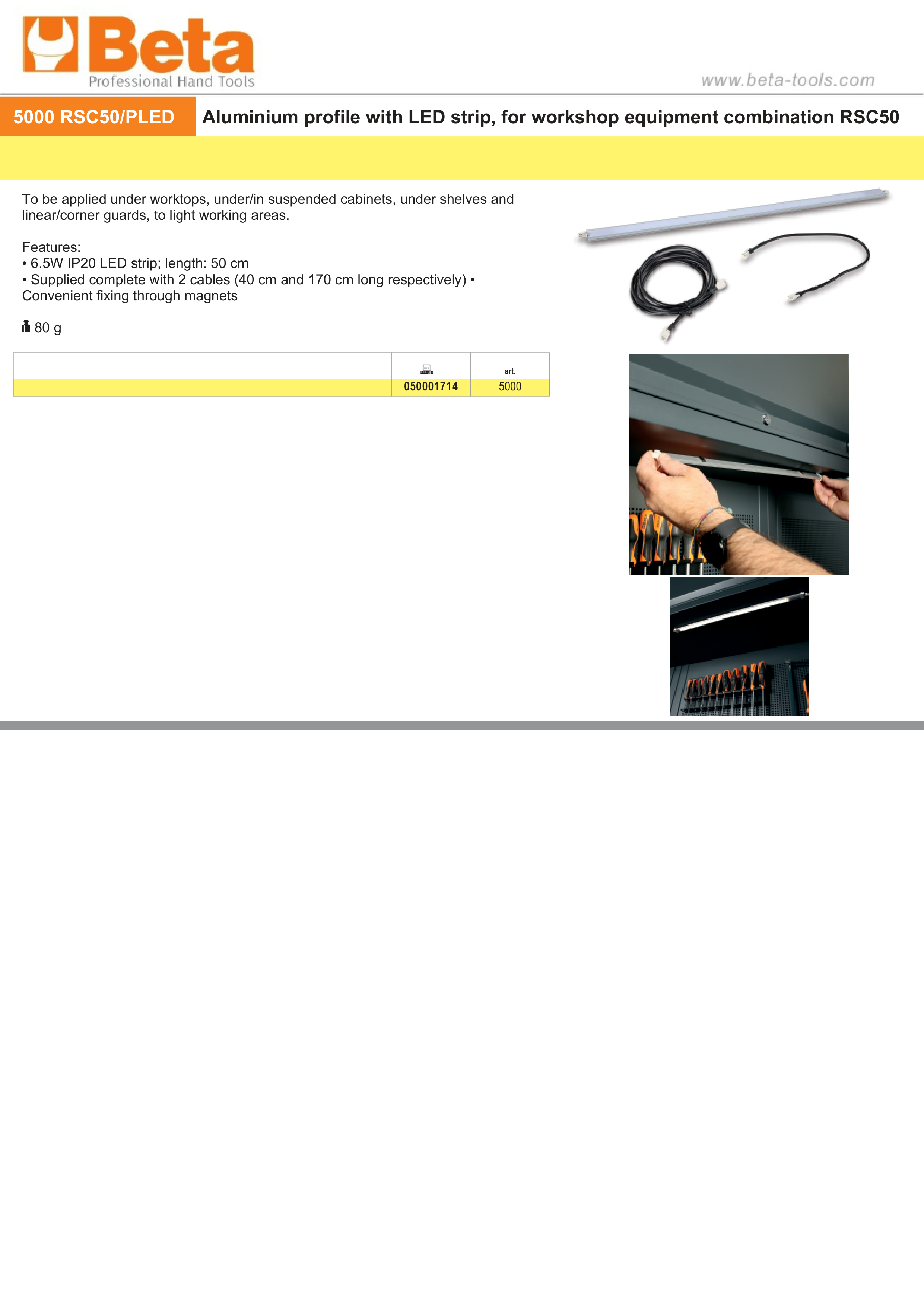 Aluminium Profile with LED Strip for RSC50, 50cm Length, 6.5W IP20, Includes 2 Cables, Magnetic Fixing - BetaRSC50 5000 RSC50/PLED