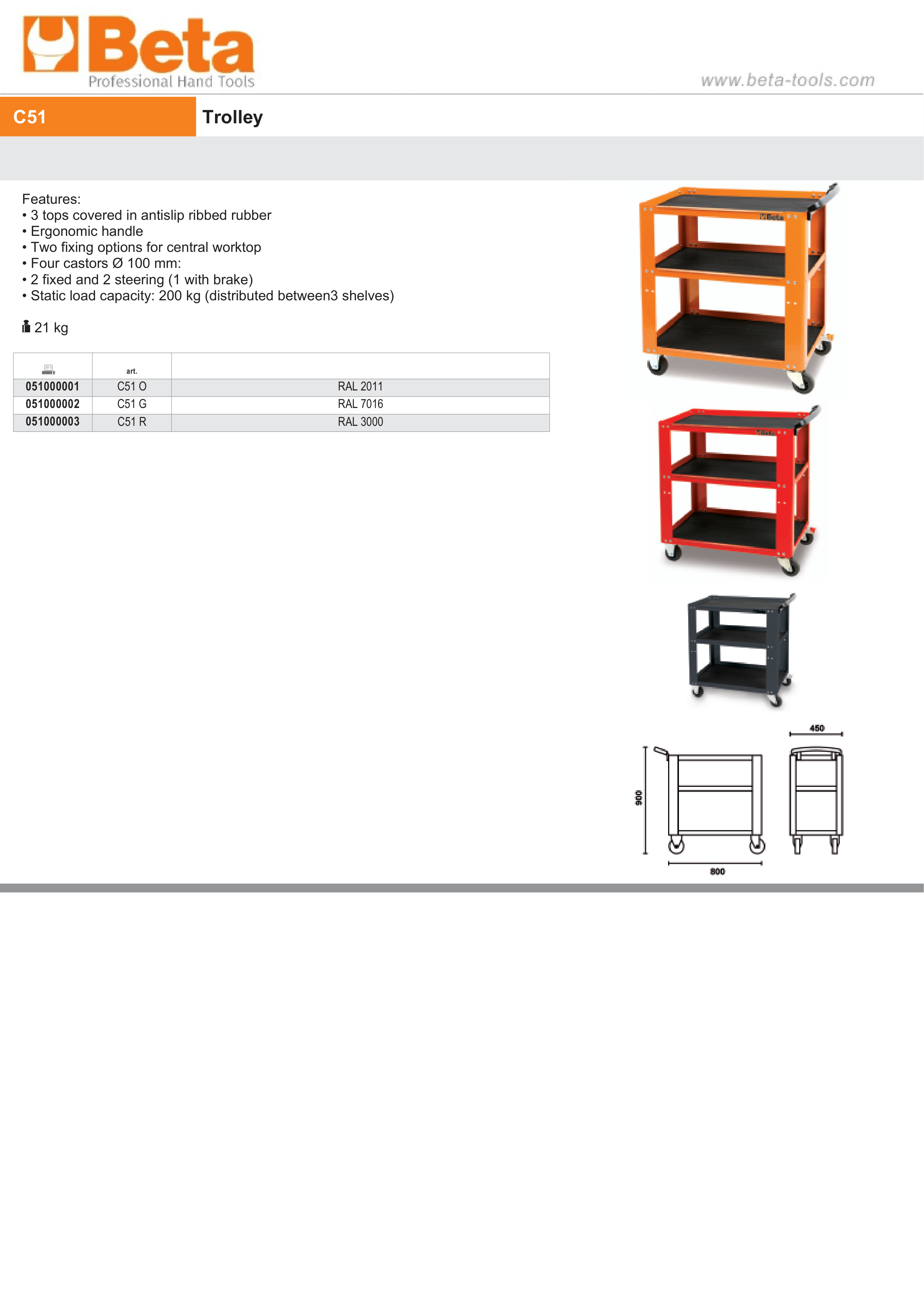 Trolley with 3 Antislip Rubber Tops, Ergonomic Handle, 4 Castors 100mm, 200kg Load Capacity - Beta Tools C51 R