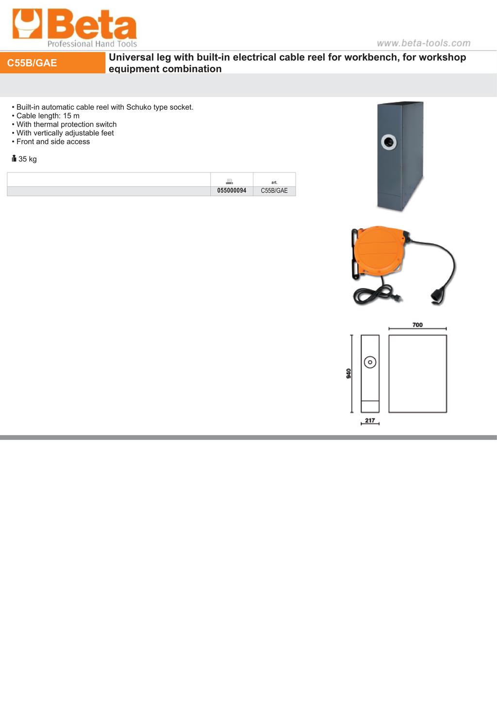 Universal Leg with Built-In 15m Cable Reel, Schuko Socket, Adjustable Feet, Thermal Protection for Workbench - BetaRSC55 C55B/GAE