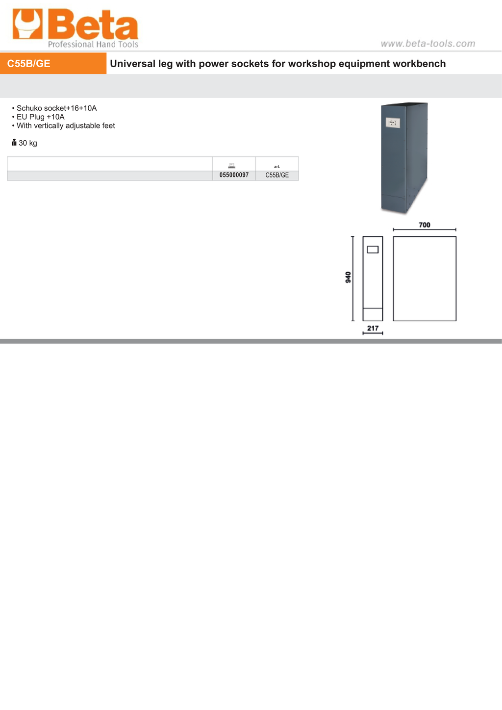 Universal Leg with Power Sockets, Schuko and EU Plug, Adjustable Feet for Workbench - BetaRSC55 C55B/GE