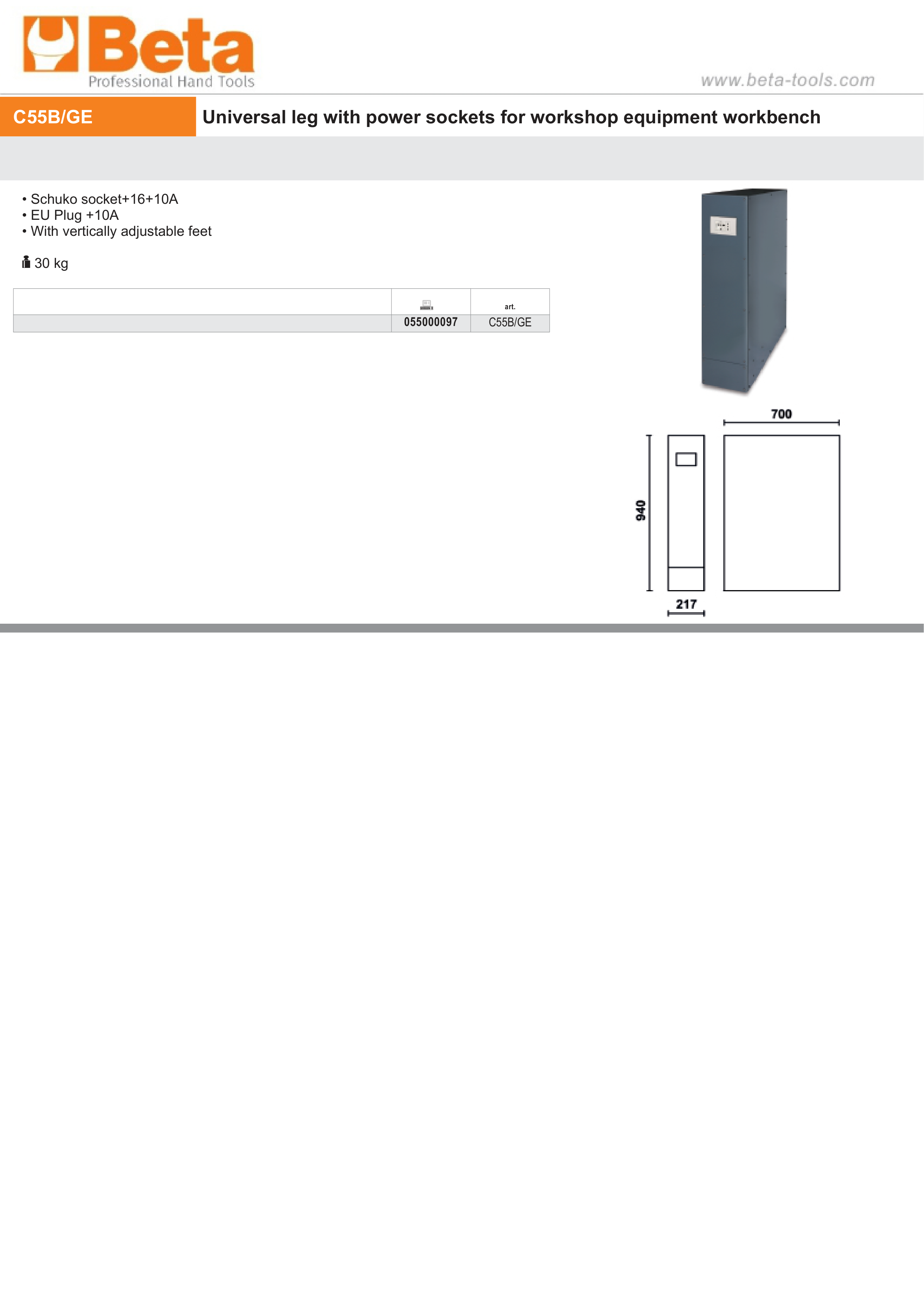 Universal Leg with Power Sockets, Schuko and EU Plug, Adjustable Feet for Workbench - BetaRSC55 C55B/GE